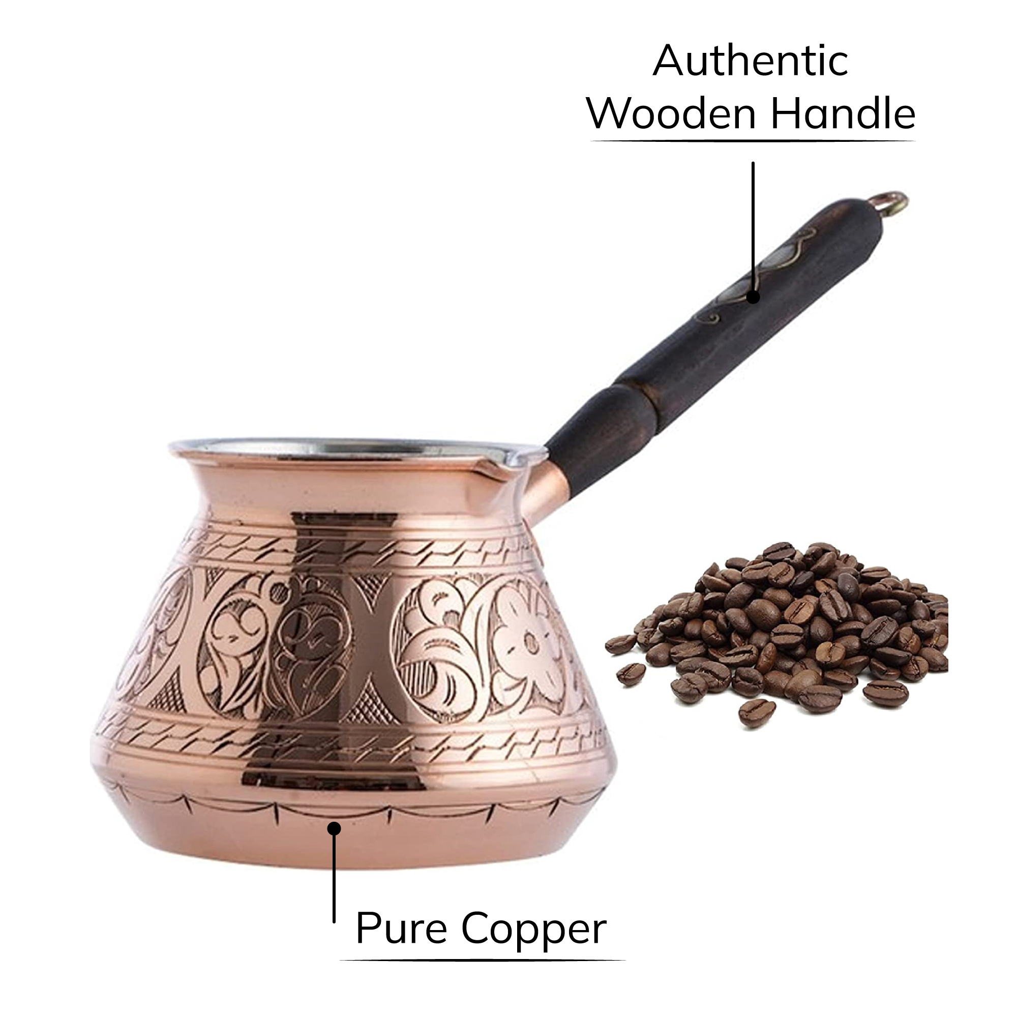 Hammered Copper Turkish Coffee Pot, Arabic Greek Stovetop Coffee Maker, Pearl Embedded Wooden Handle, 20 oz