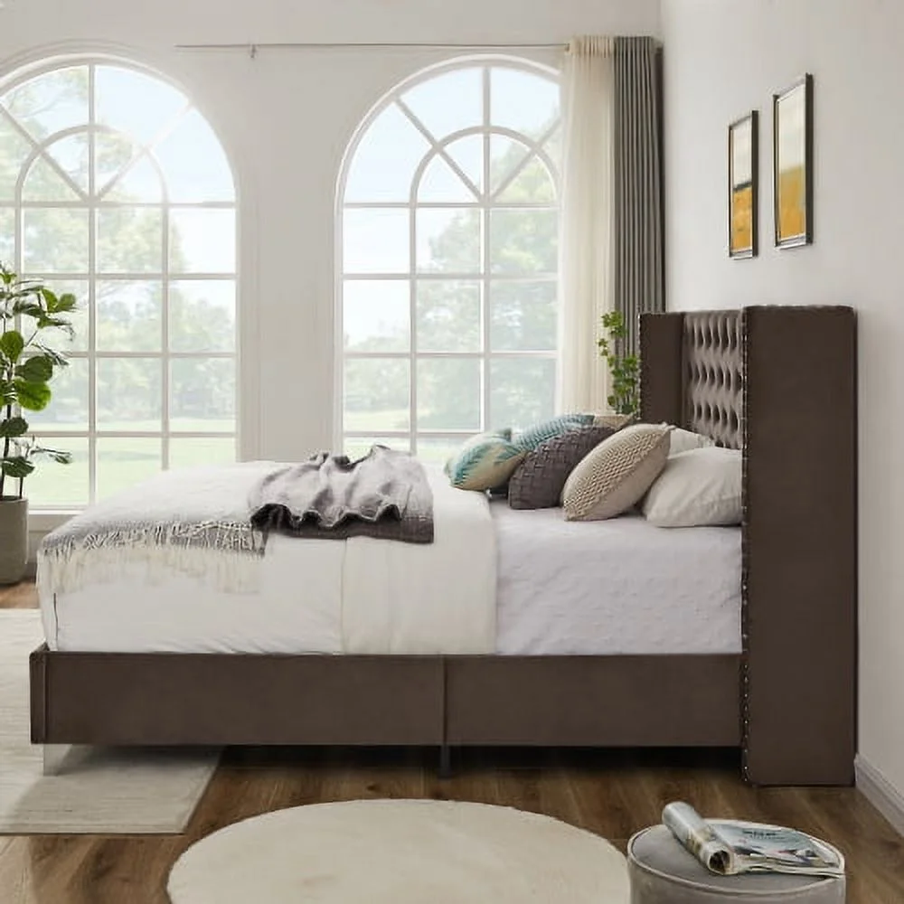 King Bed, Button Designed Headboard,Strong Wooden Slats + Metal Legs With Electroplate