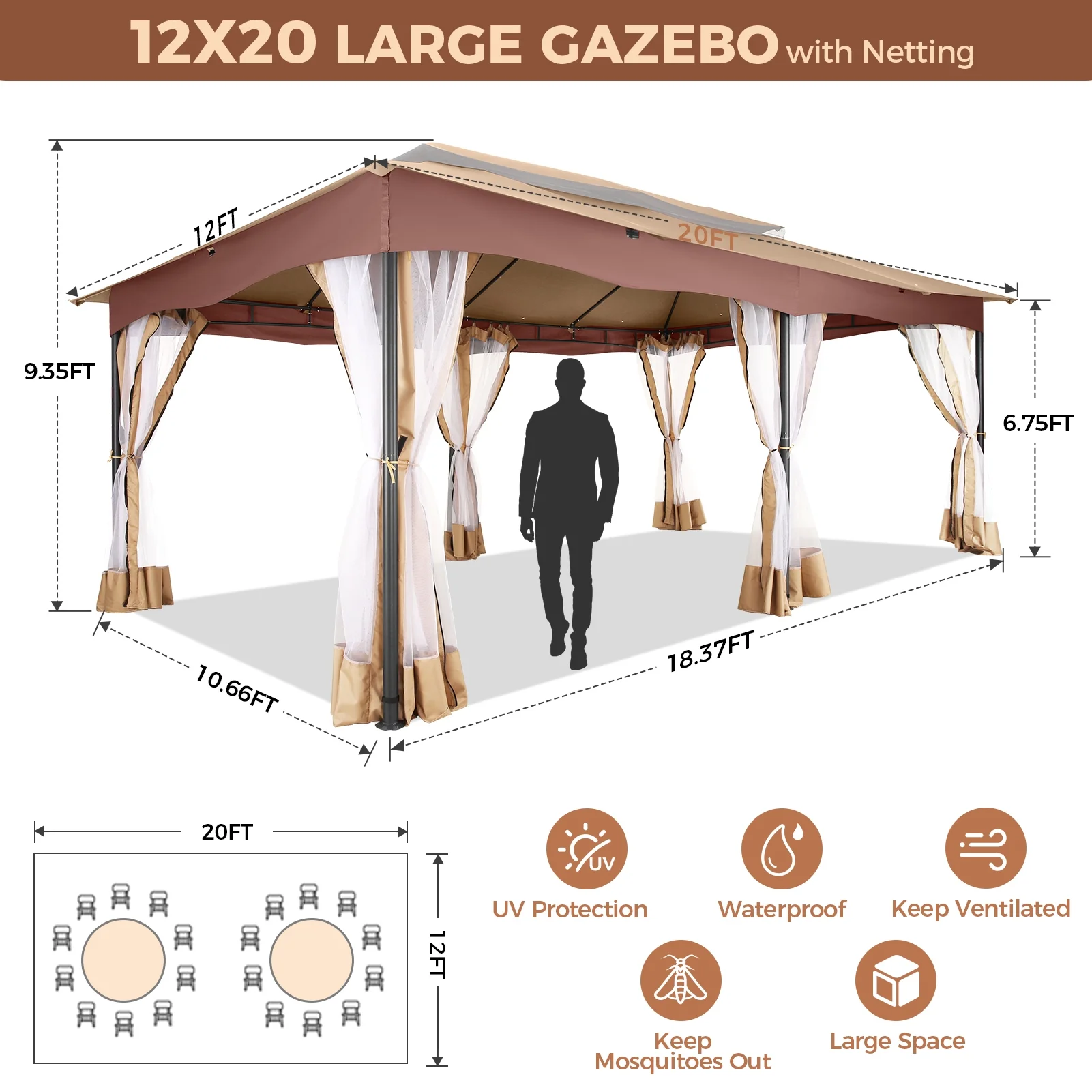 HOTEEL 12x20 Heavy Duty Canopy Gazebo with 6 Mosquito Netting 100% Waterproof Large Canopy Tents for Patio, Party, with Double Roof Soft Top Screen Gazebo with Metal Steel Frame for Outside, Khaki