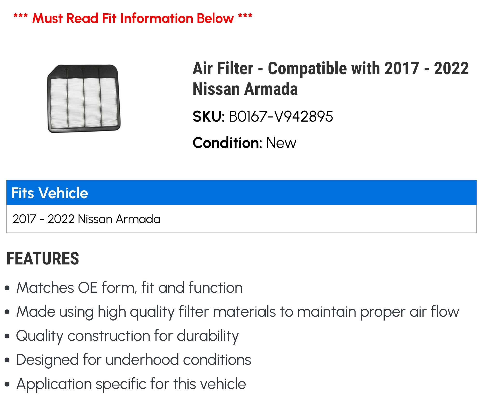 Air Filter - Compatible with 2017 - 2022 Nissan Armada 2018 2019 2020 2021
