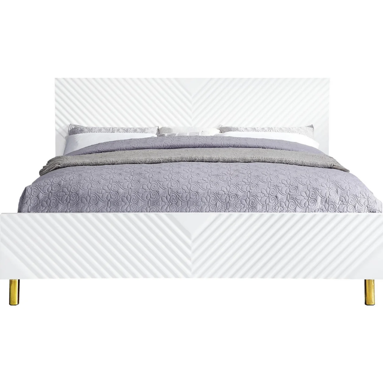 Tyra Modern Wood King Bed, Panel Headboard, Textured Chevron, White, Gold- Saltoro Sherpi