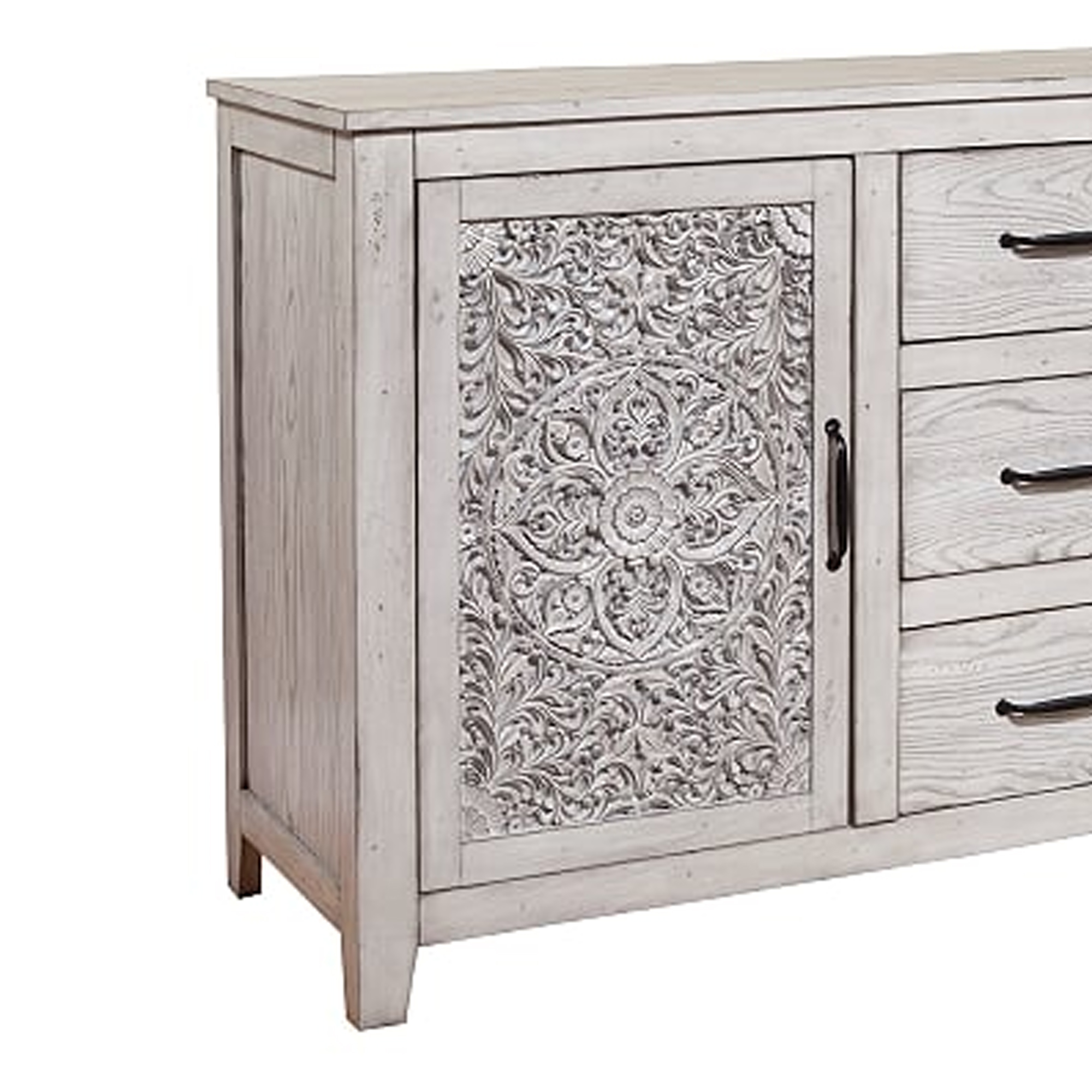 HomeRoots Decor Wooden Dresser with 2 Polyresin Carved Cabinets and 3 Drawers, Gray