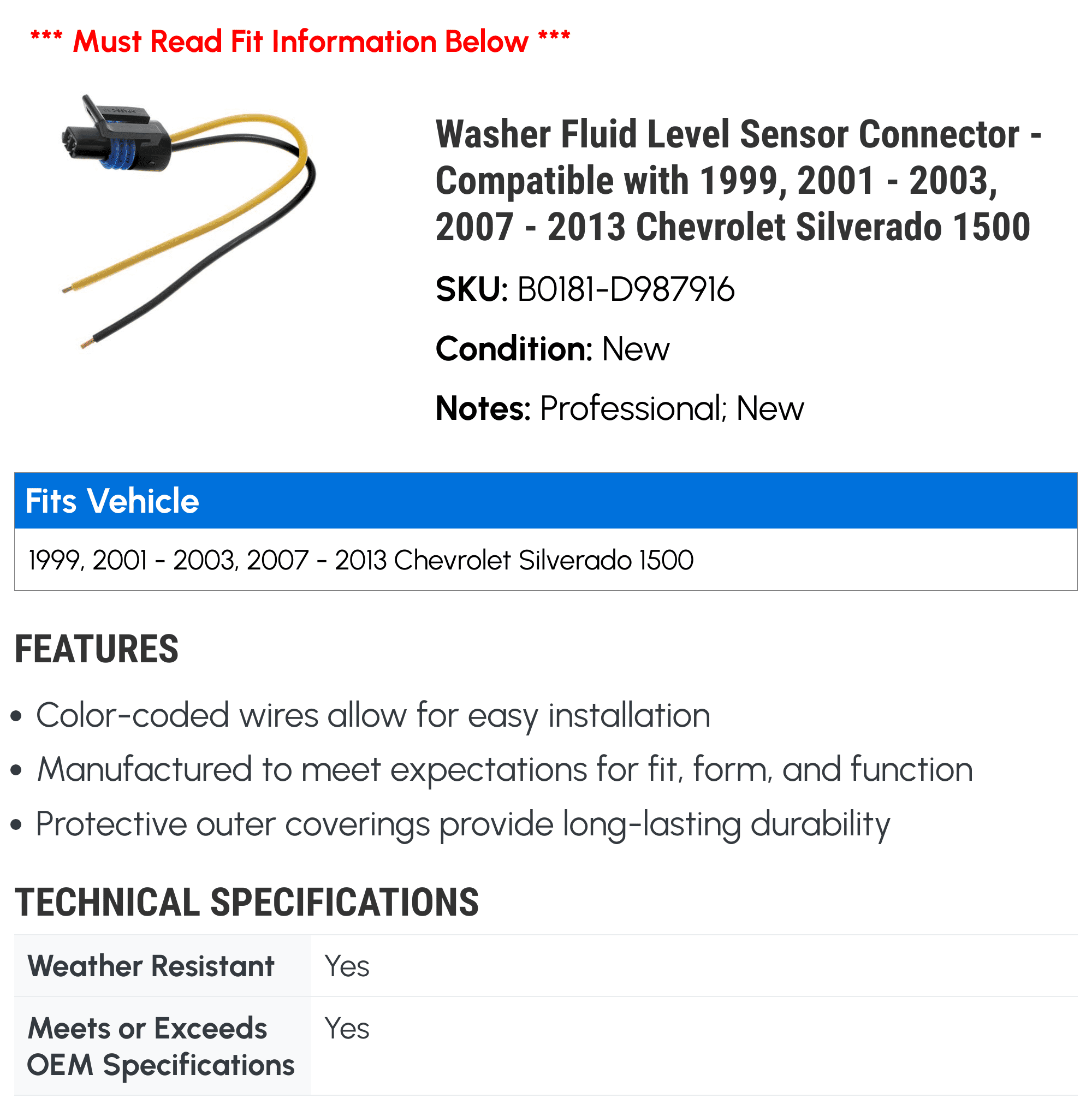 Washer Fluid Level Sensor Connector - Compatible with 1999, 2001 - 2003, 2007 - 2013 Chevy Silverado 1500 2002 2008 2009 2010 2011 2012