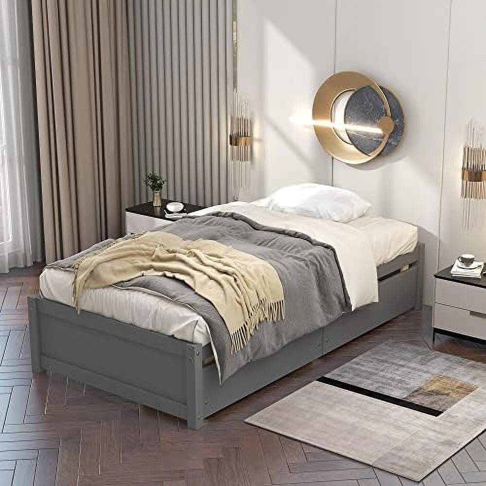 Solid Wood Size Platform Bed With Two Storage Drawers, Size Storage Platform Bed, No Box Spring Needed, Grey