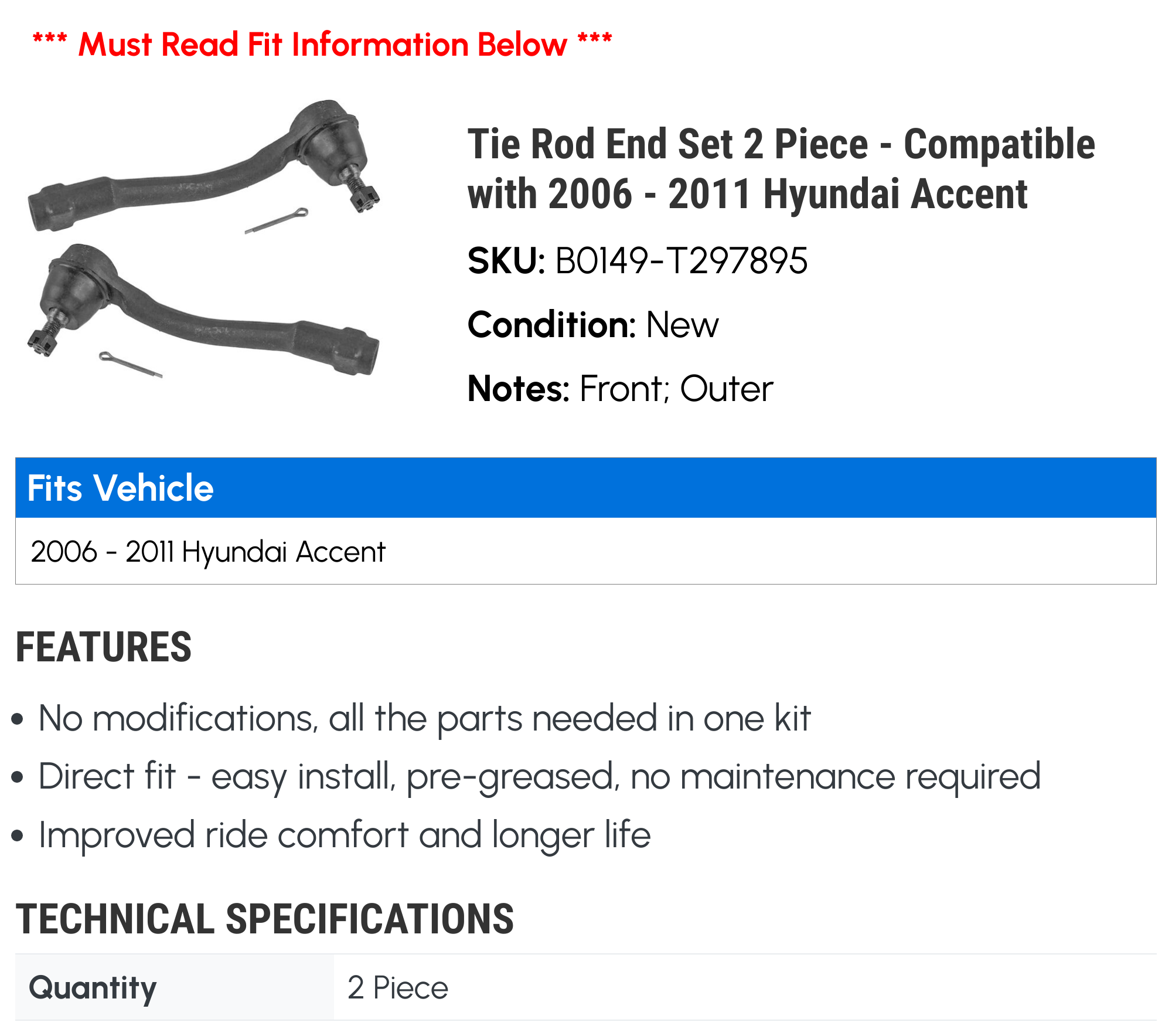 Tie Rod End Set 2 Piece - Compatible with 2006 - 2011 Hyundai Accent 2007 2008 2009 2010