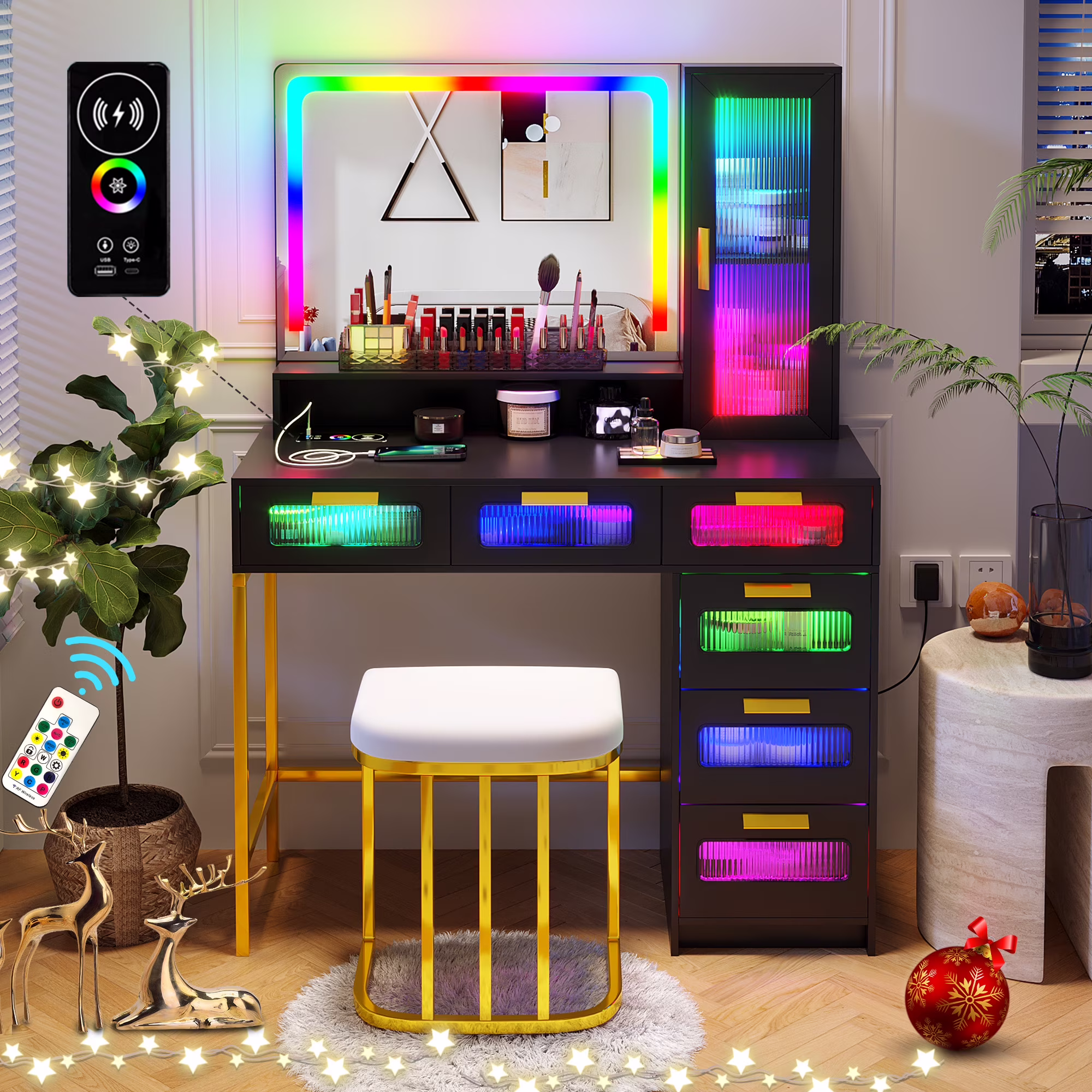 HNEBC Black Vanity Set, Makeup Vanity with Dazzling Lights and 6 Drawers, Makeup Desk with USB/Type-C/Wireless Charging, Dressing Table with Shelves/Cabins/Stool, Vanity Table as Gifts for Girls/Women