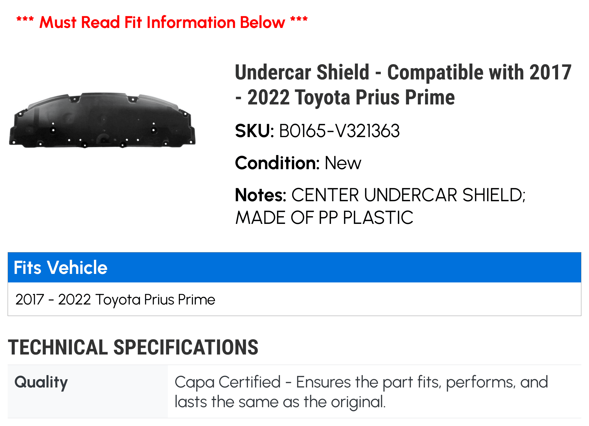 Undercar Shield - Compatible with 2017 - 2022 Toyota Prius Prime 2018 2019 2020 2021
