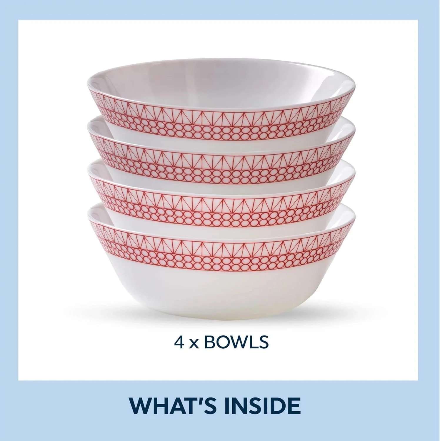 Corelle Graphic Stitch 4-Piece Set of 18 oz Soup/Cereal Bowls, Service for 4, Red and White Bowls