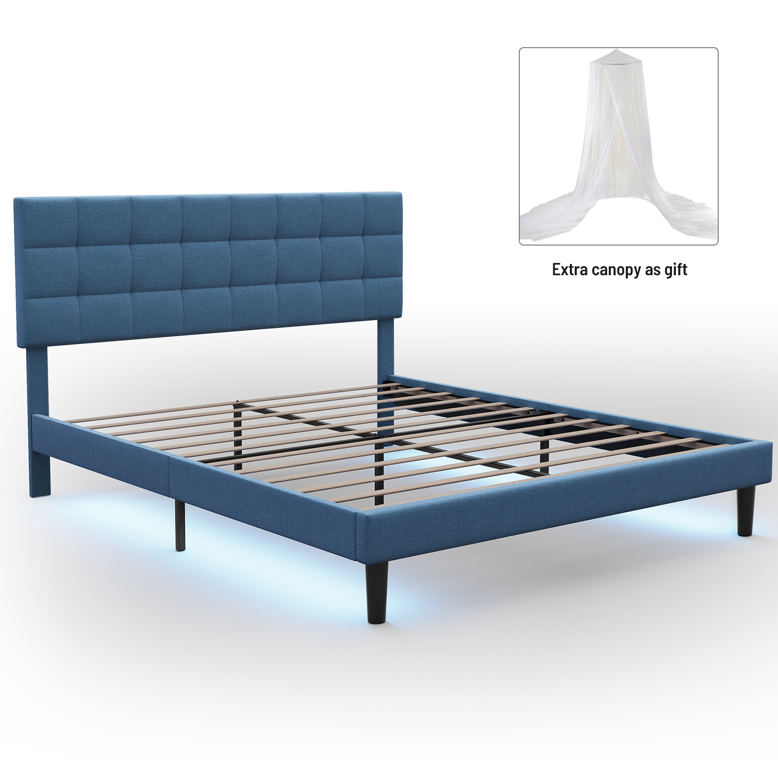 Docooler Upholstered Queen Size Platform Bed Frame with RGB  Stripe Linen Fabric Height Adjustable Headboard No Box Spring Needed Blue