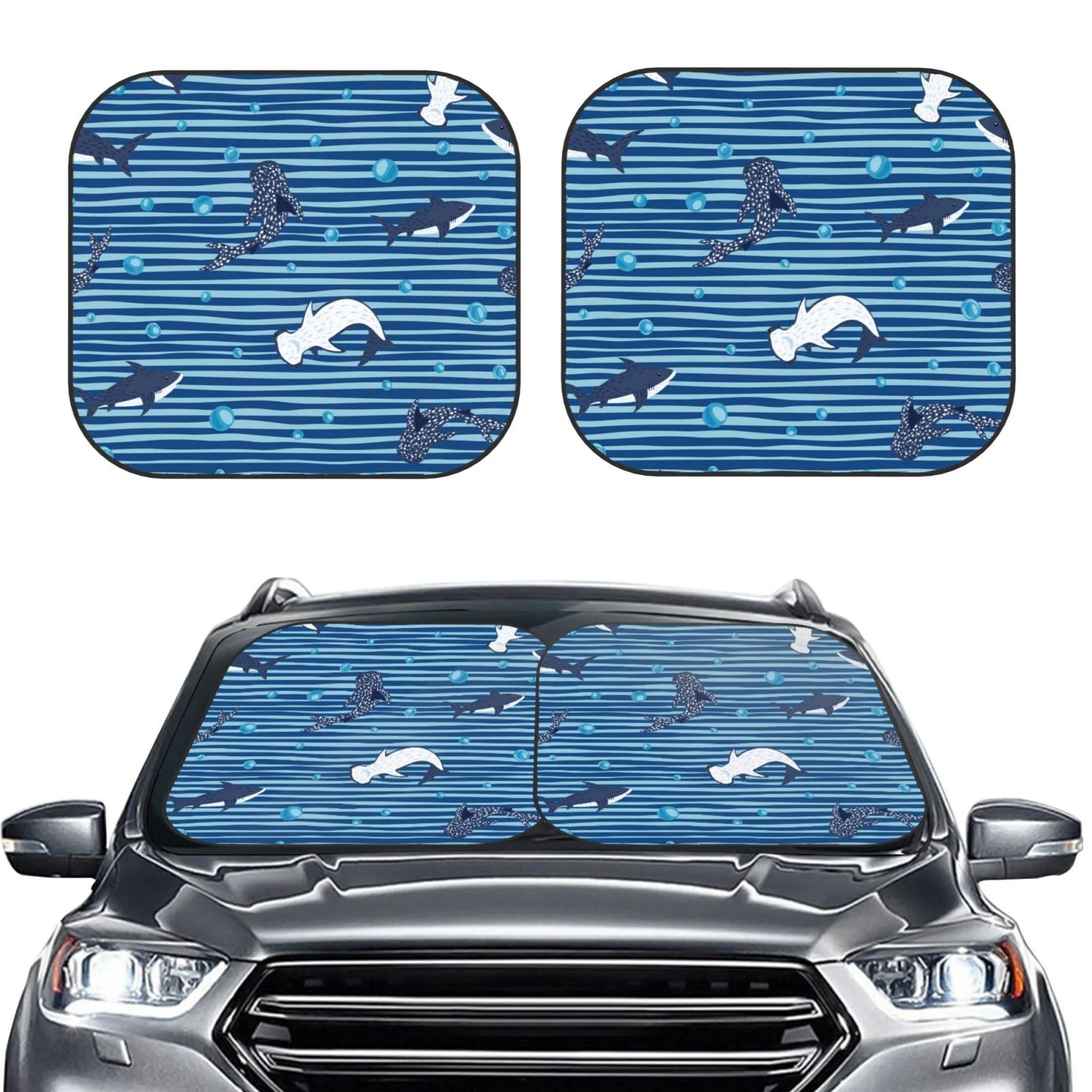 Lukts Sharks On White Blue Striped Print 2 Piece Car Sun Shade Windshield,Foldable Car Shade Front Windshield With Keeps Your Vehicle Cool, For Most Sedans Suv And Trucks - Small