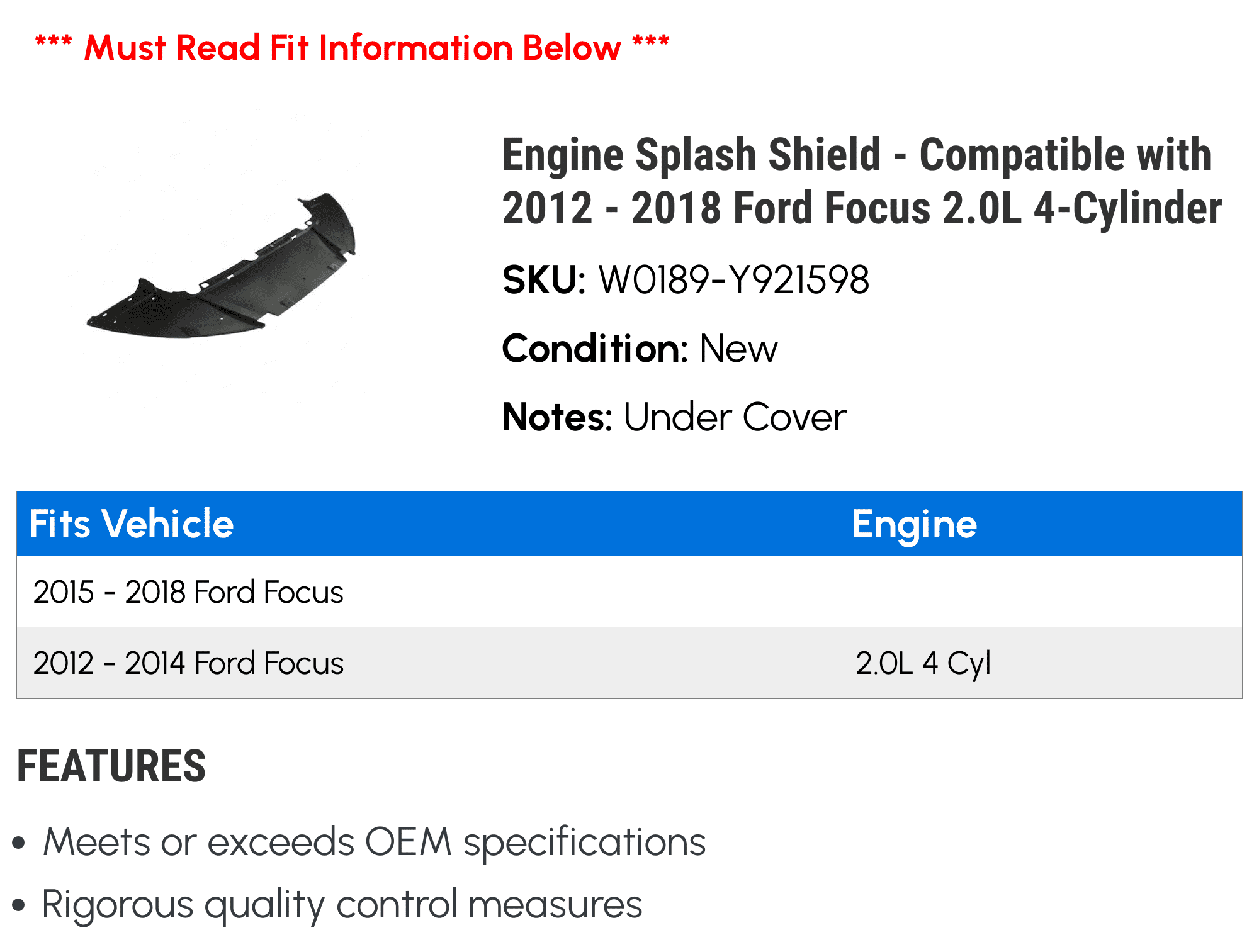 Engine Splash Shield - Compatible with 2012 - 2018 Ford Focus 2.0L 4-Cylinder 2013 2014 2015 2016 2017