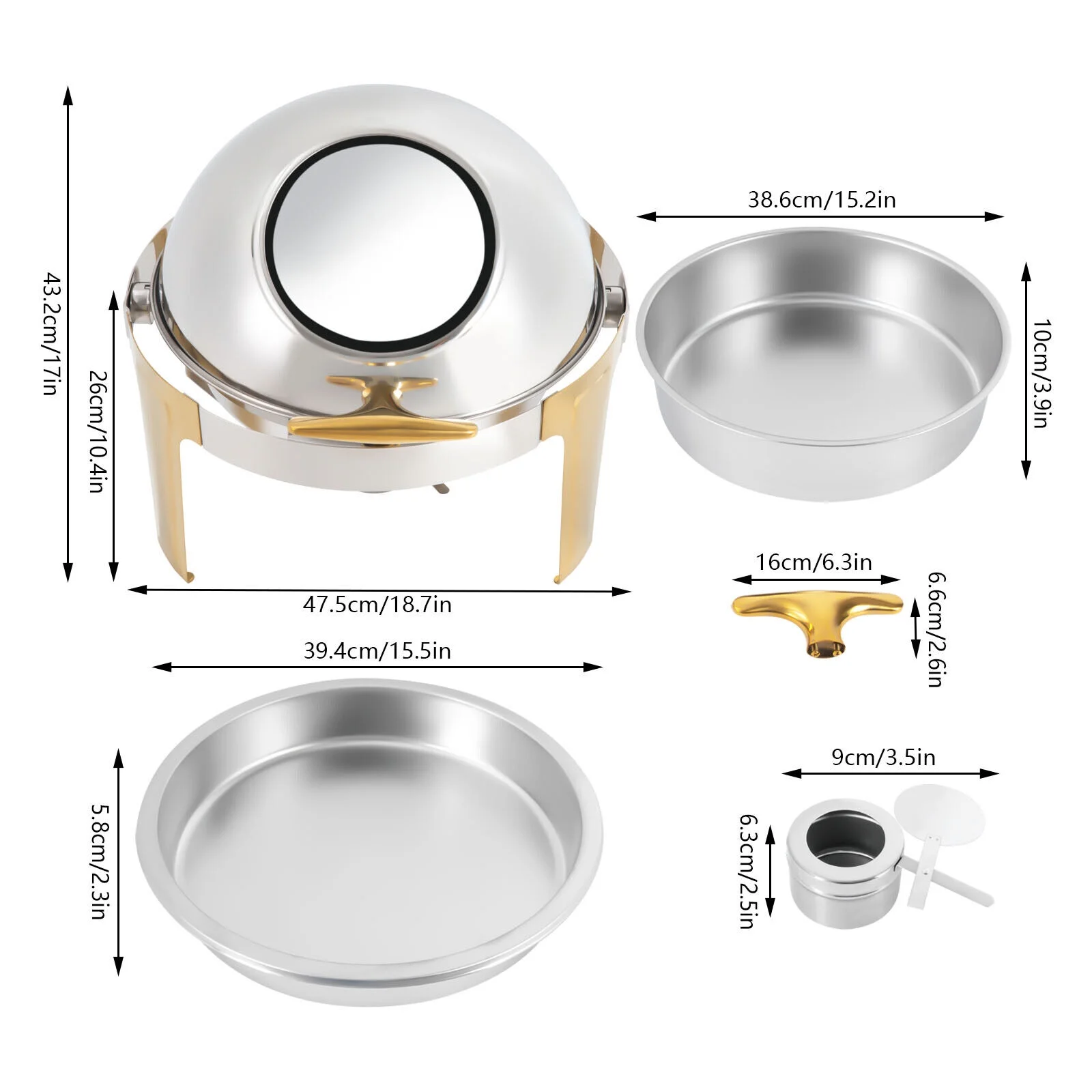 6.3 Quart Roll Top Chafing Dish Set Round Stainless Steel Buffet Warmer Chafer