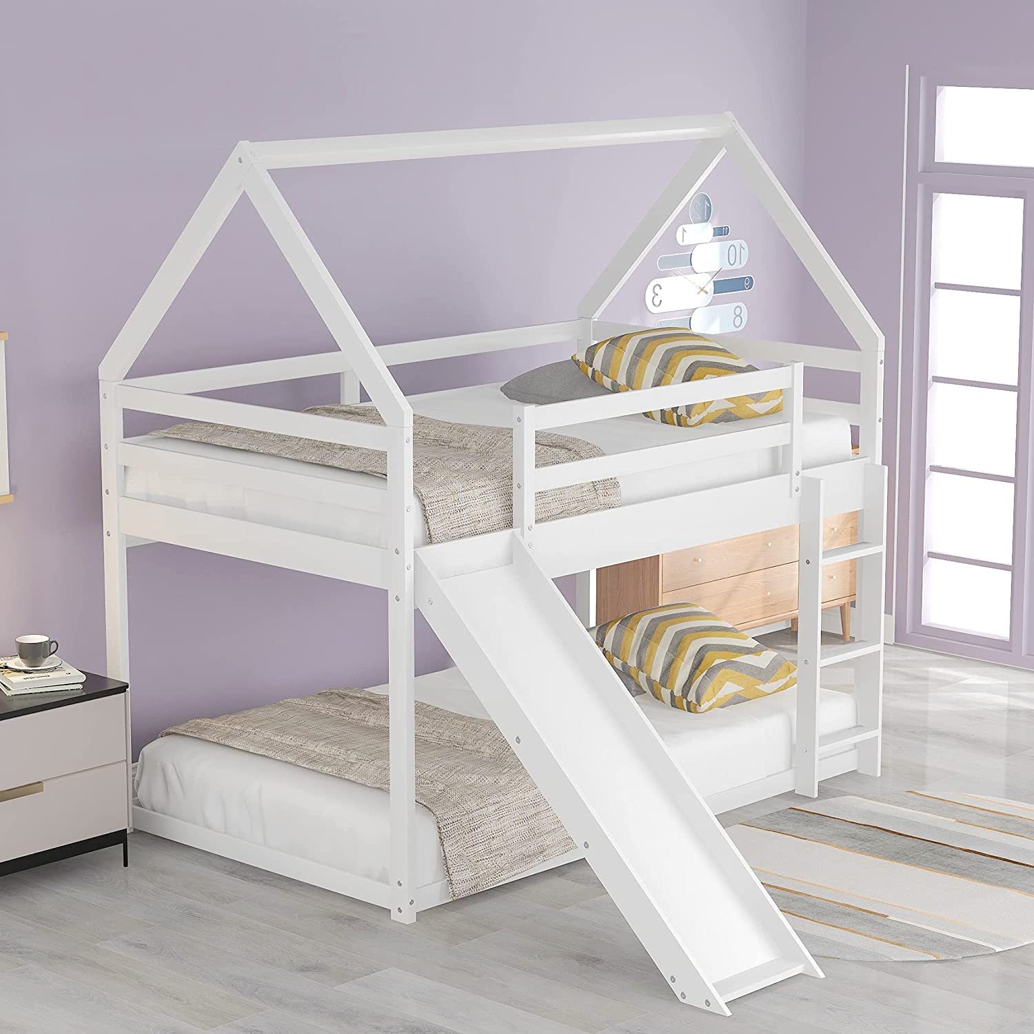 House Bunk Bed With Slide, Bunk Beds For Kids,Wood Bunk Beds With Slide And Roof, Slide Bunk Bed With Ladder For Girls, Boys,White