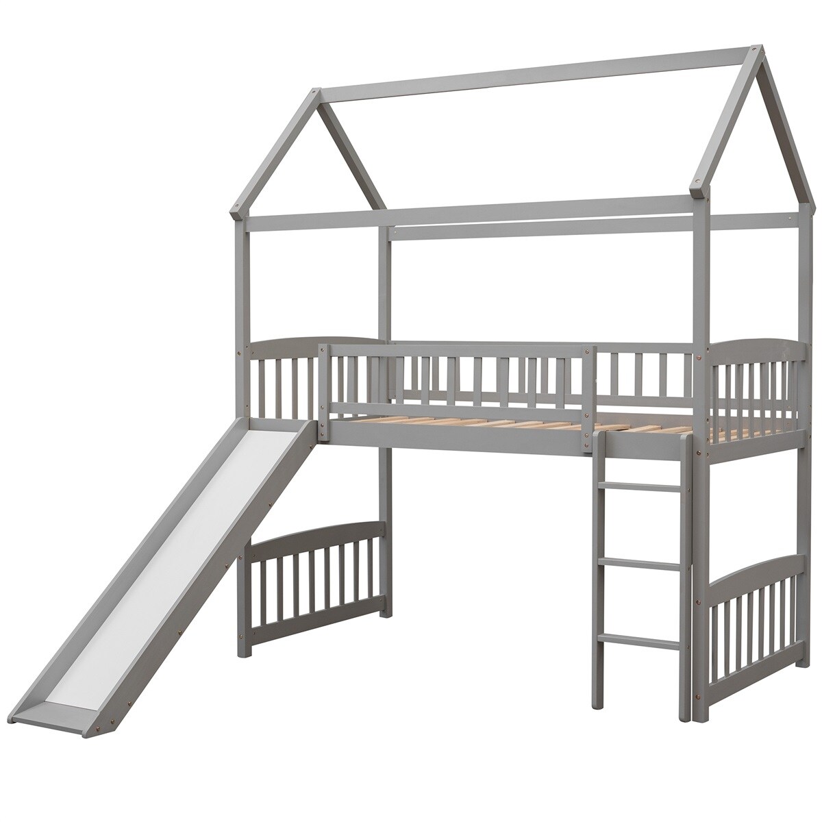 MERAX  Twin House Bed Loft Bed with Slide Grey
