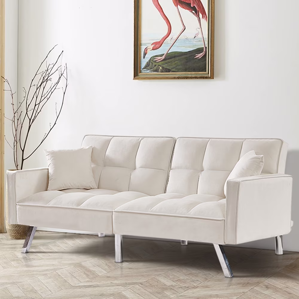 Convertible Sofa with 2 Pillows, Modern Velvet Sleeper Sofa Bed, KAMIDA Couches and Sofas, Futon Sofa Sleeper with Armrests and Metal Legs, Recliner Sofa Couch Furniture for Home Living Room, White