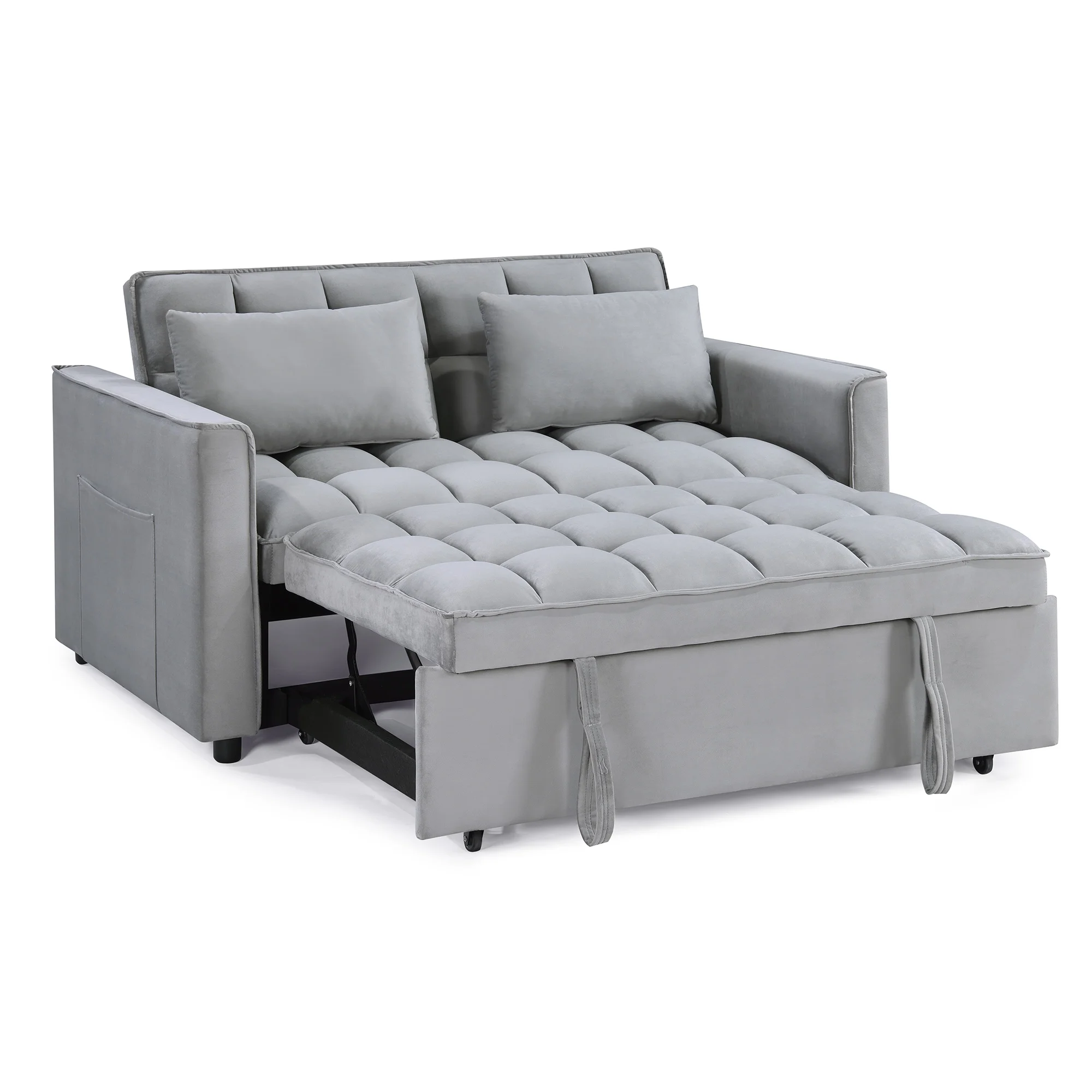 Duhome Sleeper Sofa Bed 3 in 1 Tufted Convertible Couch Bed Pull Out Velvet Loveseat with Reclining Adjustable OSS Pillows and Pockets,Grey