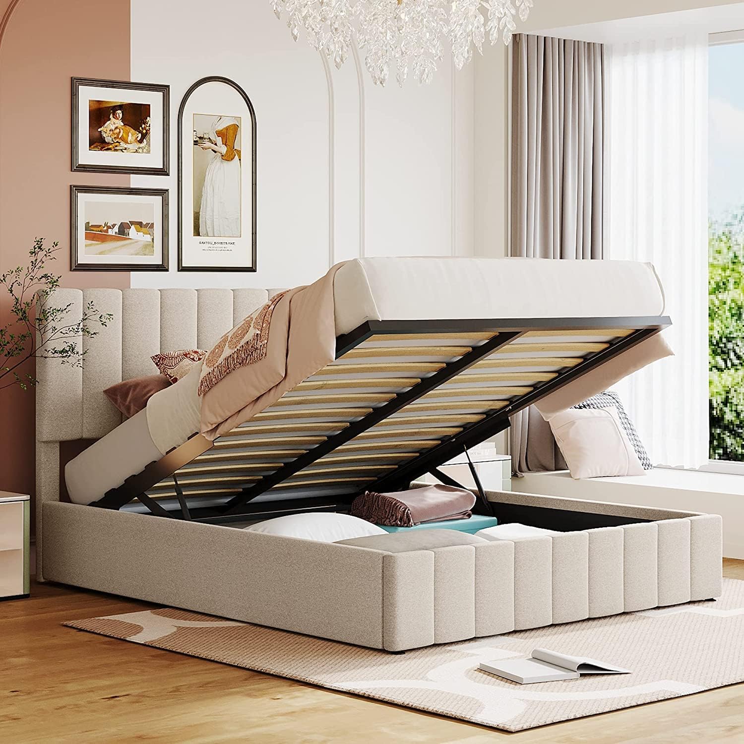 Quee Upholsered Plaform Bed Wih Gas Lif Up Sorage, Quee Bed Frame Wih Sorage Udereah Ad ufed Headboard, Woode Plaform Bed Wih Hydraulic Sorage Sysem (Quee Bed, Beige )