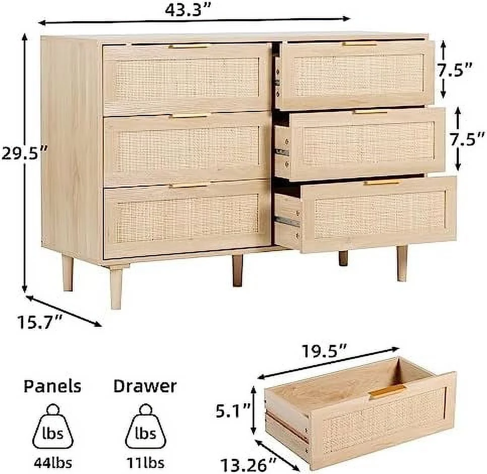 Rattan Dresser for Bedroom   6 Drawer Double Dresser with Gold Handles  Wood  Chest of Drawers for Kid Bedroom Living Room Hallway (Oak)