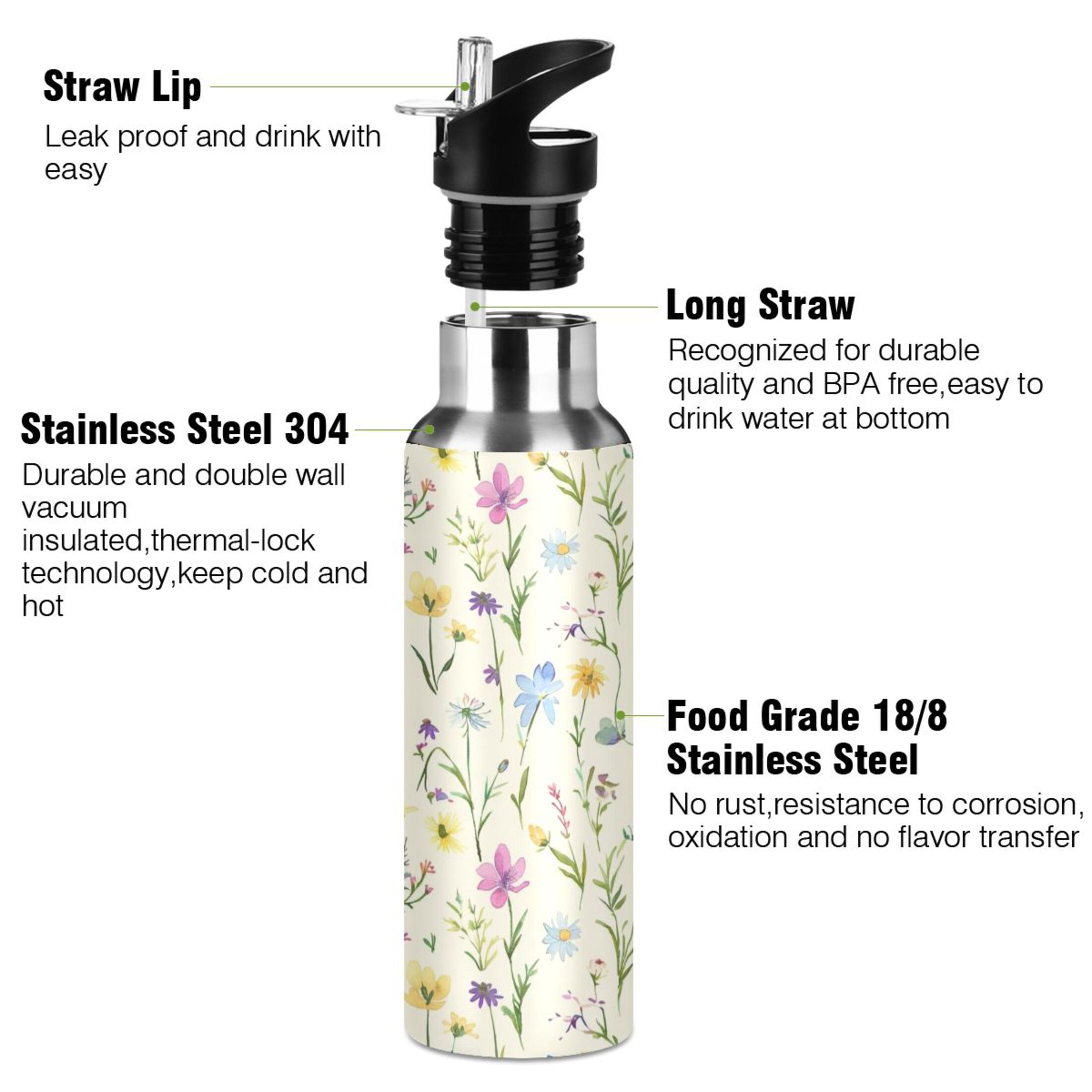 Flowers Summer Floral Water Bottles Insulated Thermos Kids Stainless Steel Bottle with Straw Lid Flask Leakproof for Sports Gym 20 oz