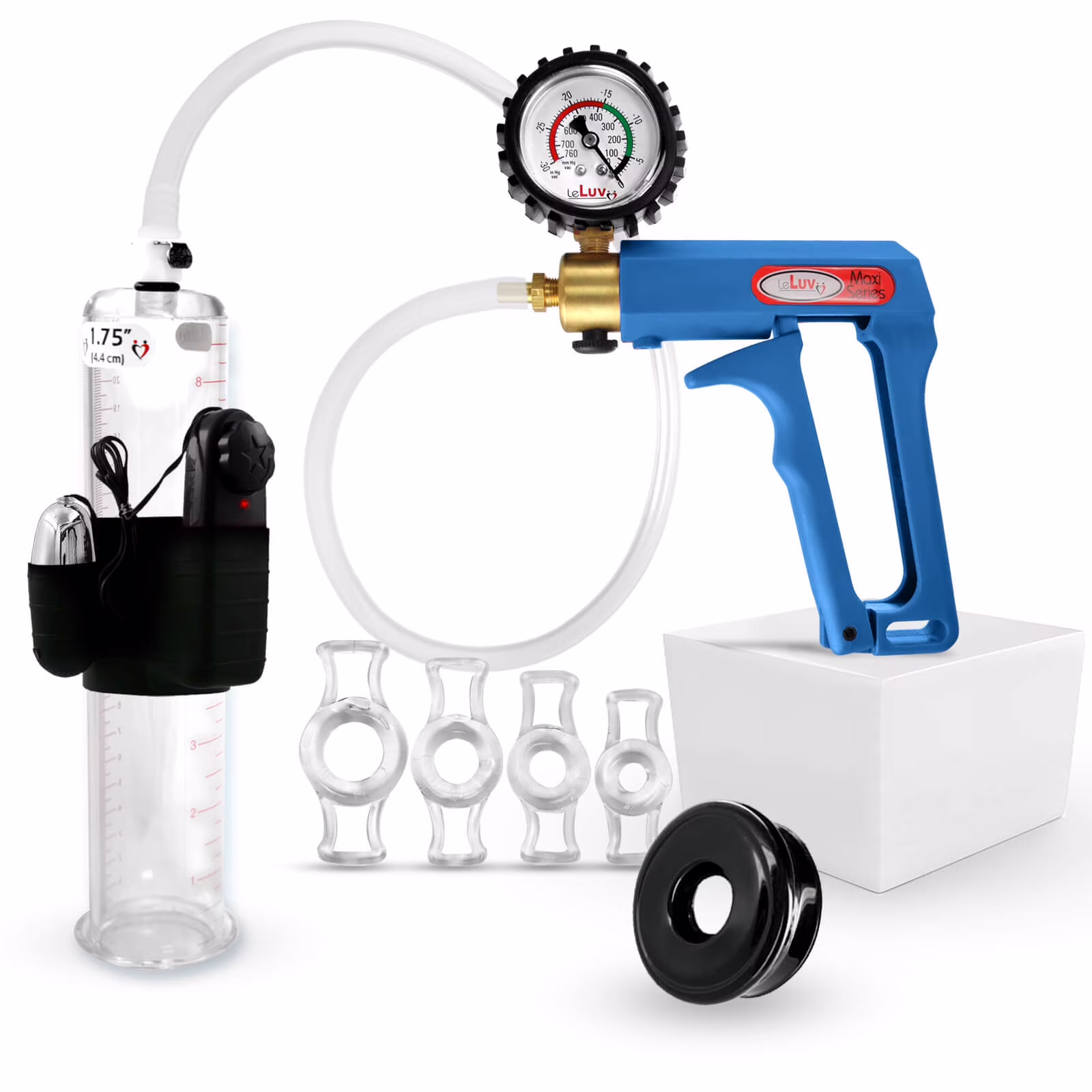 LeLuv® Maxi Penis Pump w/ Blue Handle, Clear Hose + Protected Gauge | TPR Sleeve, 4 Constriction Rings | 9