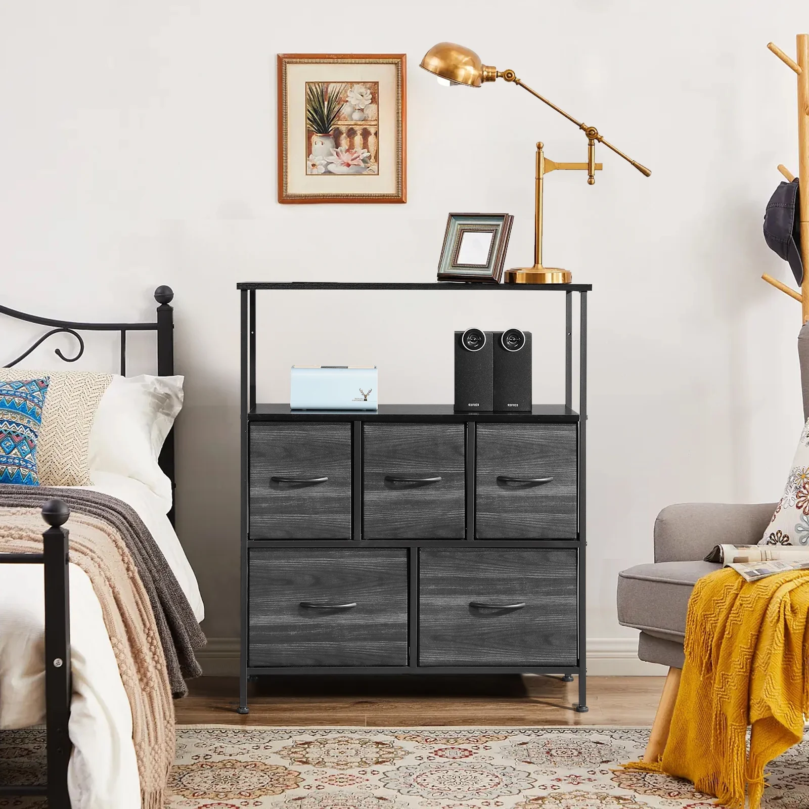 COOKCOK Dresser for Bedroom with 5 Drawers, Dresser TV Stand Storage with 5 Organizer Closet Chest Small Clothes Fabric Cabinet Kids Furniture Binis, Nightstand for Bedroom, Living Room, Nursery