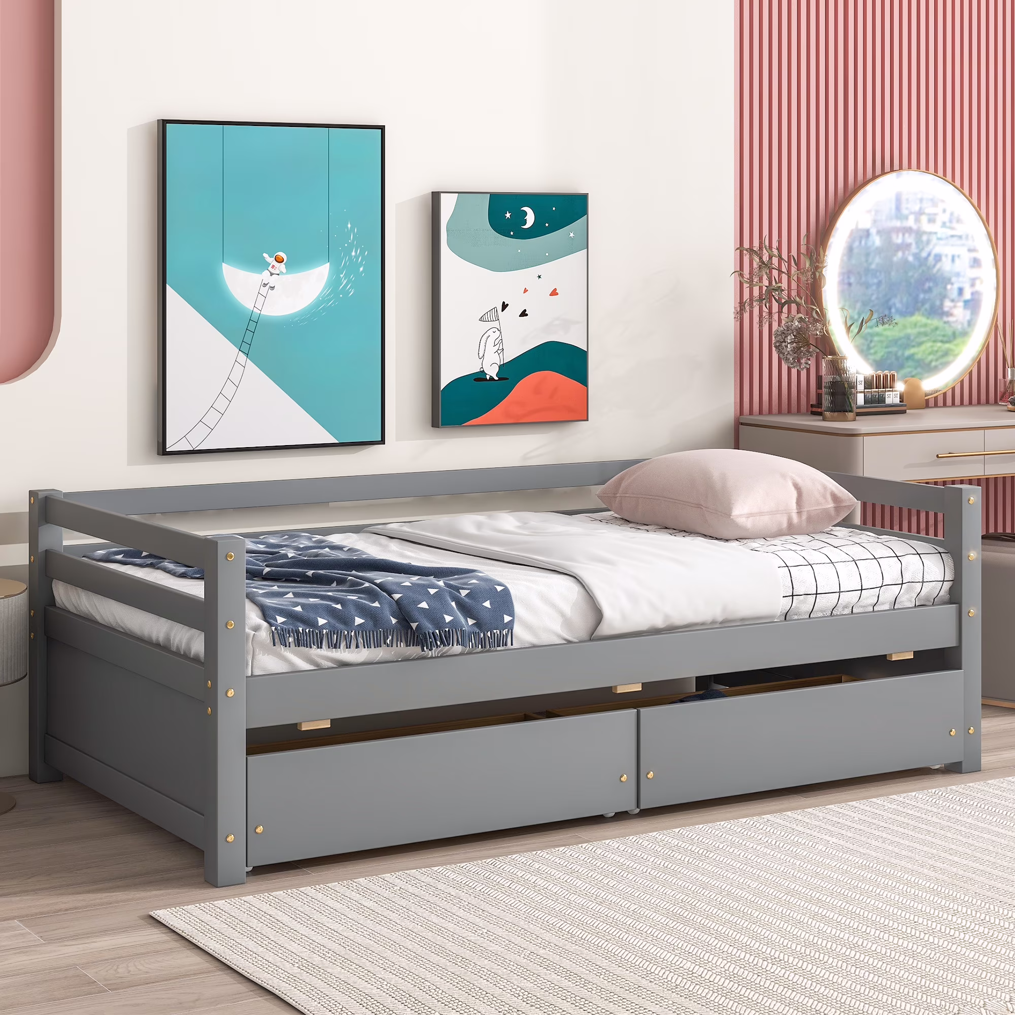 Momspeace Twin Daybed with 2 Storage Drawers, Wood Sofa Bed for Teens Kids Bedroom Living Room, Gray
