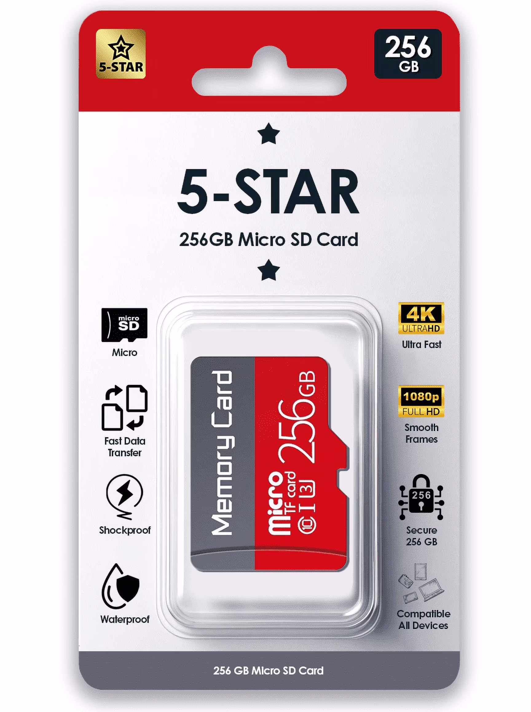 5-Star 256GB Micro SD High Speed Memory Card for Car Navigation, Smartphone, Portable Gaming Devices, Camera and Drone.