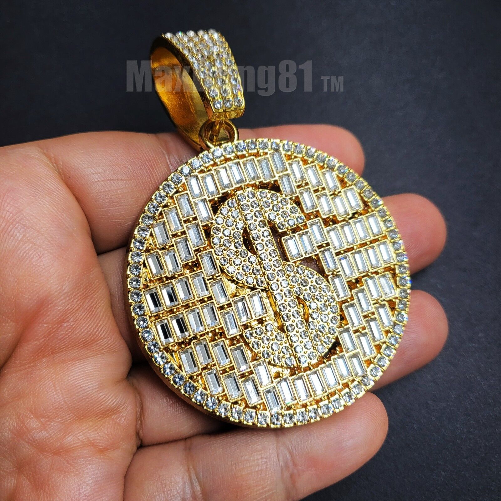 Hip Hop Dollar $ Money Sign Baguette Stone Cubic Zirconia Medal Charm Pendant