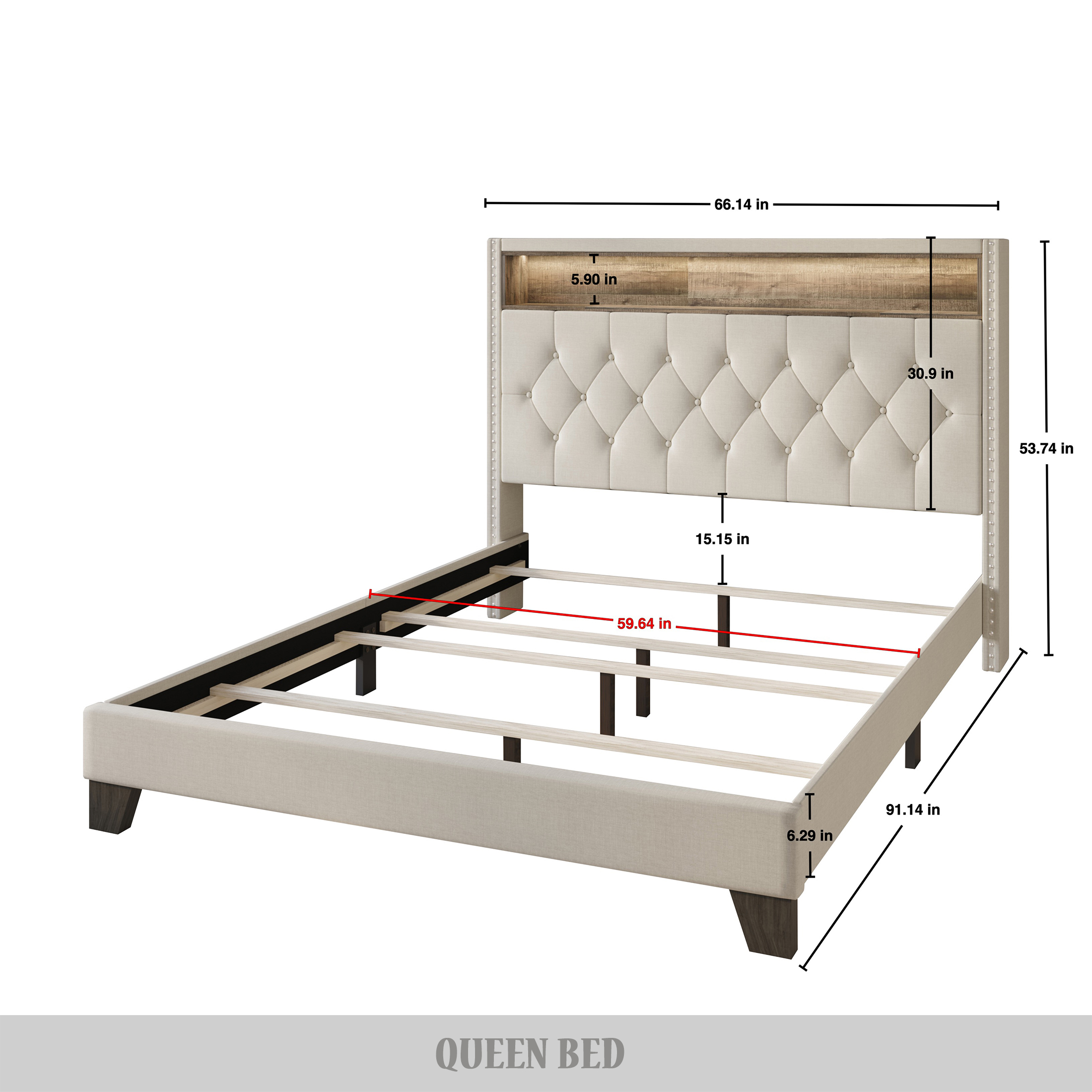 Castle Place LED Light Nailhead Trim Linen Upholstered Bookcase Bed, Warm Grey, Queen