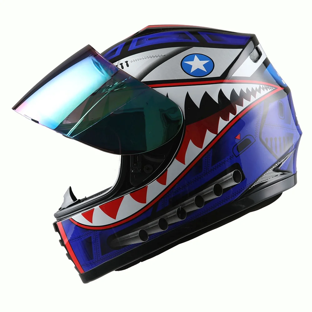WOW Youth Motorcycle Full Face Helmet Street Bike BMX MX Kids B15 Shark Blue + MX Skeleton Glove Bundle