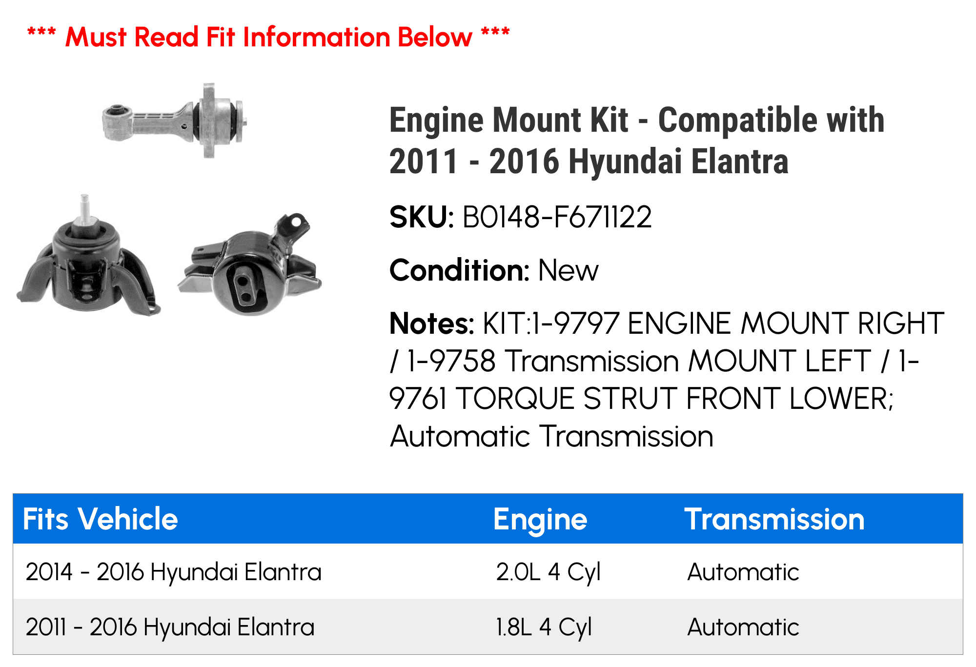 Engine Mount Kit - Compatible with 2011 - 2016 Hyundai Elantra 2012 2013 2014 2015