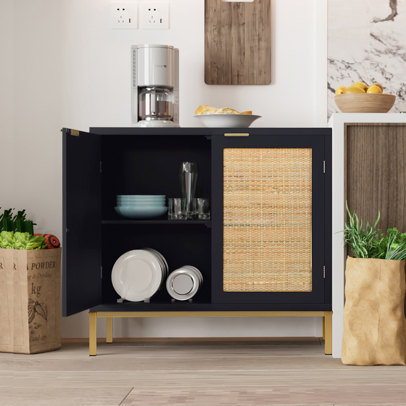 Mid-Century 2-Door Sideboards and Buffet Rattan Cabinets, 31.5