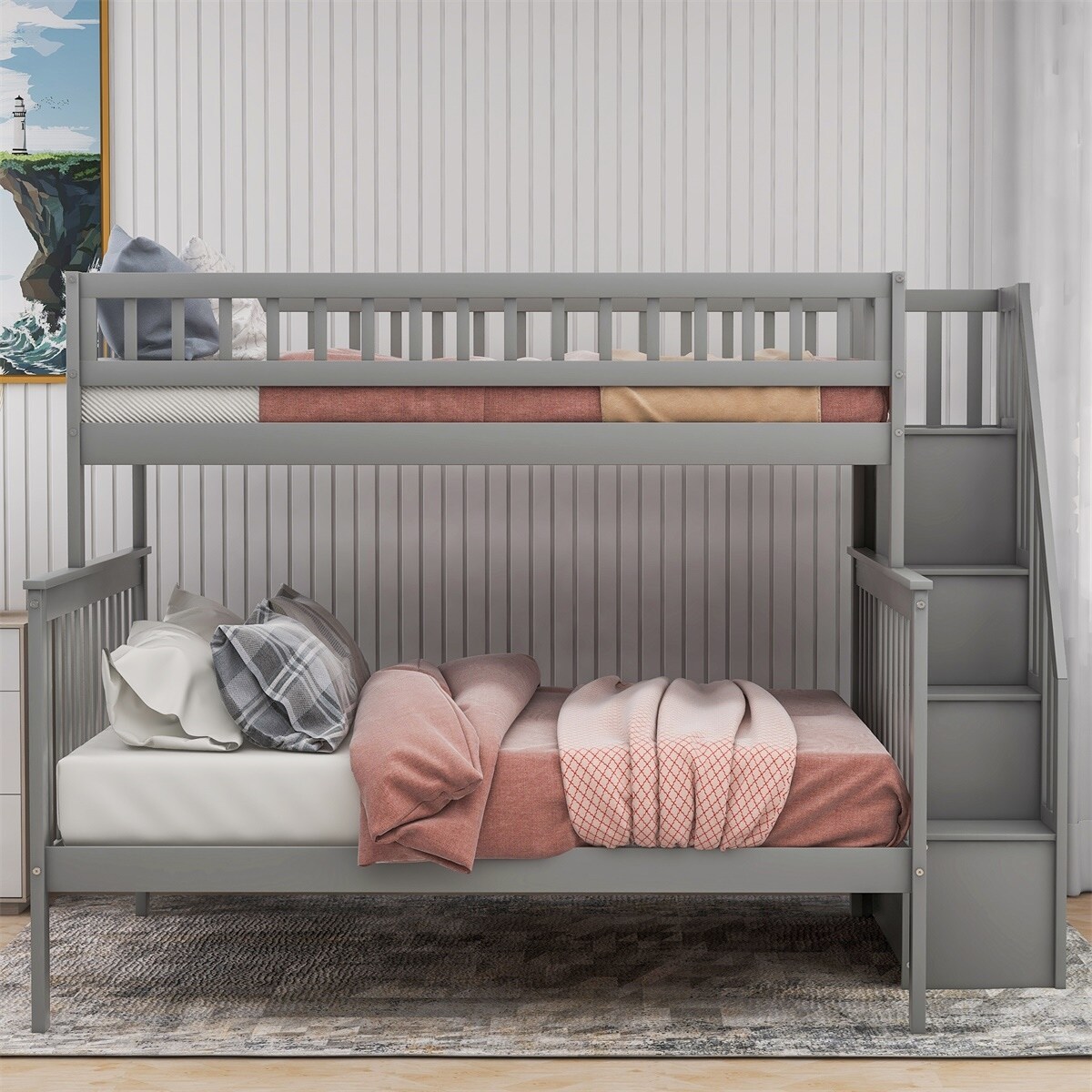 MERAX  Twin over Full Wood Bunk Bed with Storage Stairs Grey