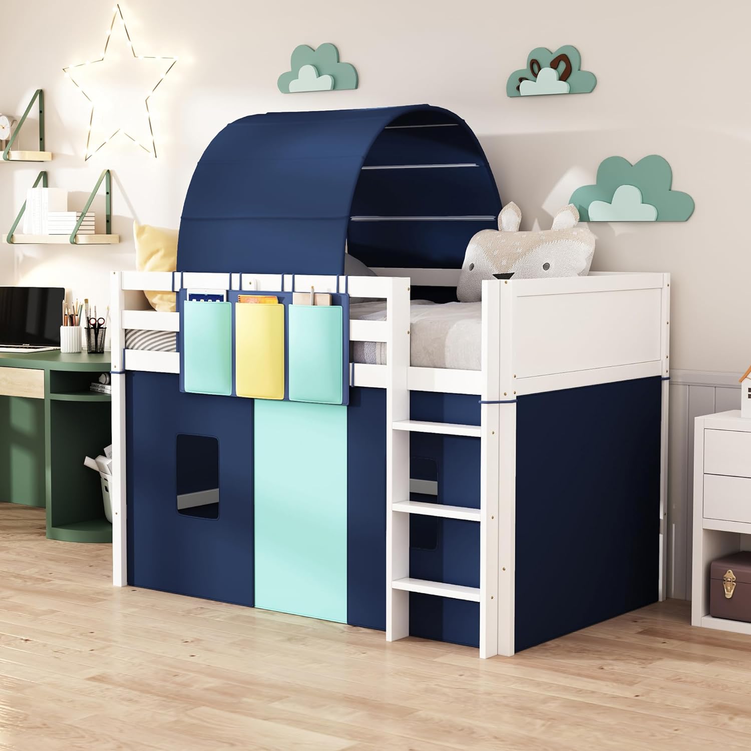 Low Loft Bed Frame With Tent & Tower, Wood Kids Loft Bed With Three Pockets, Storage Bed Frame For Kids,Teens, Boys Girls, Blue