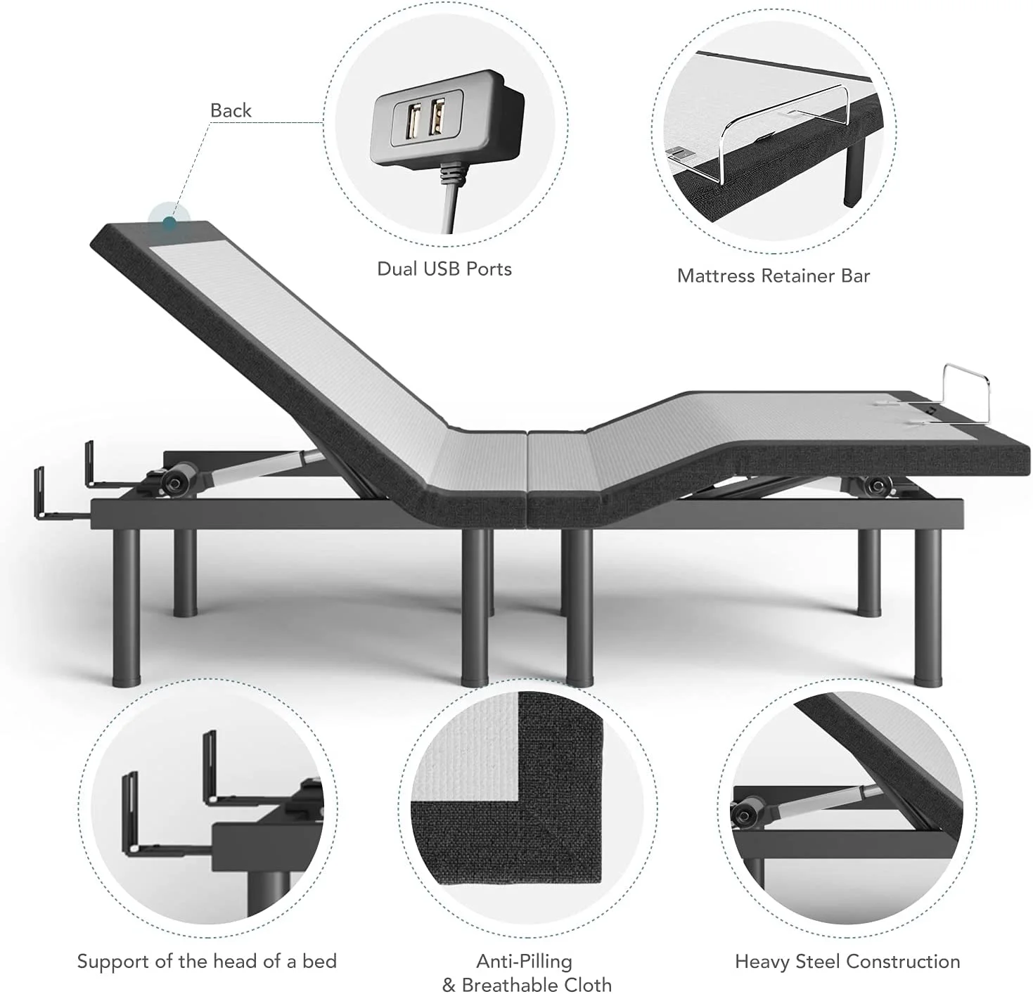Adjustable Bed Base Frame Ergonomic Adjustable Bed Base  Double Motor Bed Frame with Massage  2 USB Ports  Wireless Remote Control  Adjustable Mattress Retainer Bar