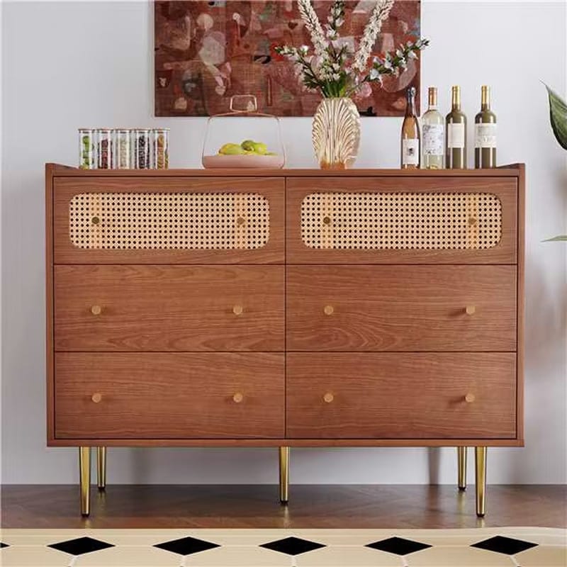 Grondin Mid-Century Modern Boho Style 6 Drawers Double Dresser, Dual Chest of Drawers with 2 Rattan Drawer Fronts Cherry
