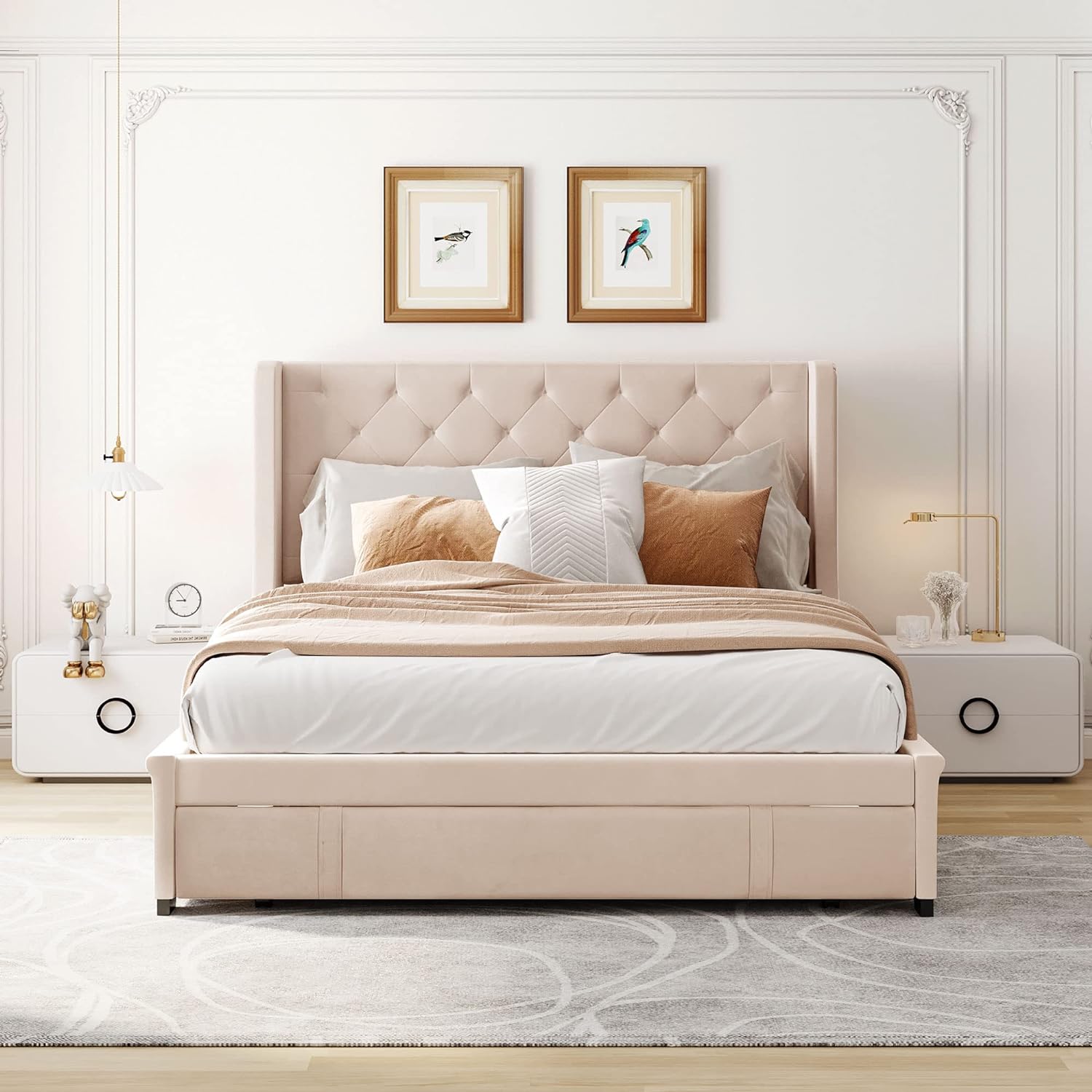 Queen Size Velvet Upholstered Storage Bed, Wood Platform Bed Frame With Wingback Headboard And A Big Drawer - Beige