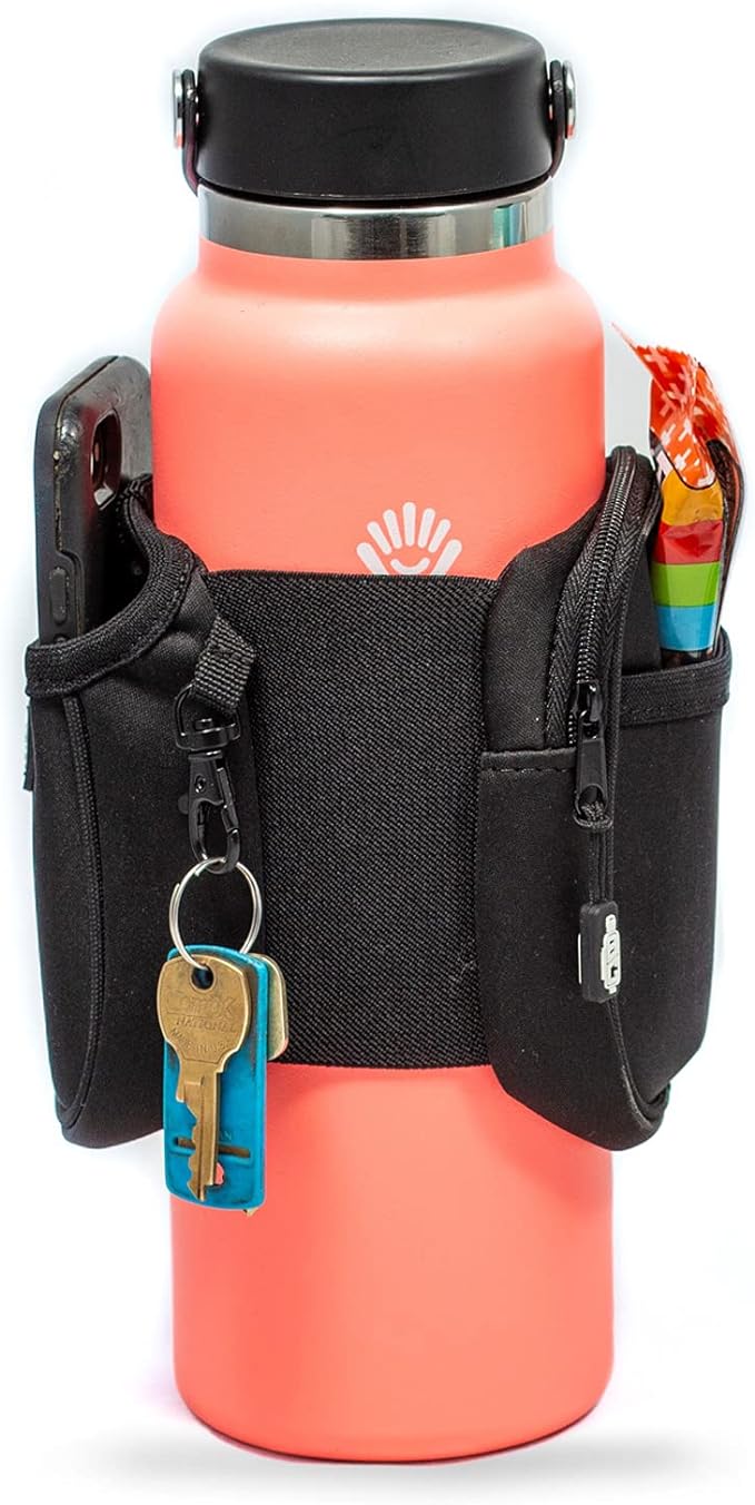 Bottle Caddy Gym Water Bottle Pouch Sleeve with Zipper Side Storage Pockets for Cards, Keys, Phone, or Wallet for Reusable Water Bottles
