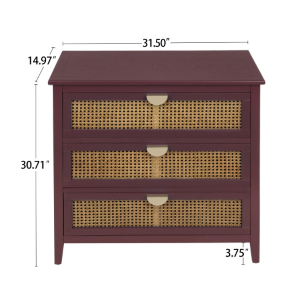 3 Drawer Cabinet,Natural rattan,American Furniture,Suitable for bedroom, living room, study  Red + MDF