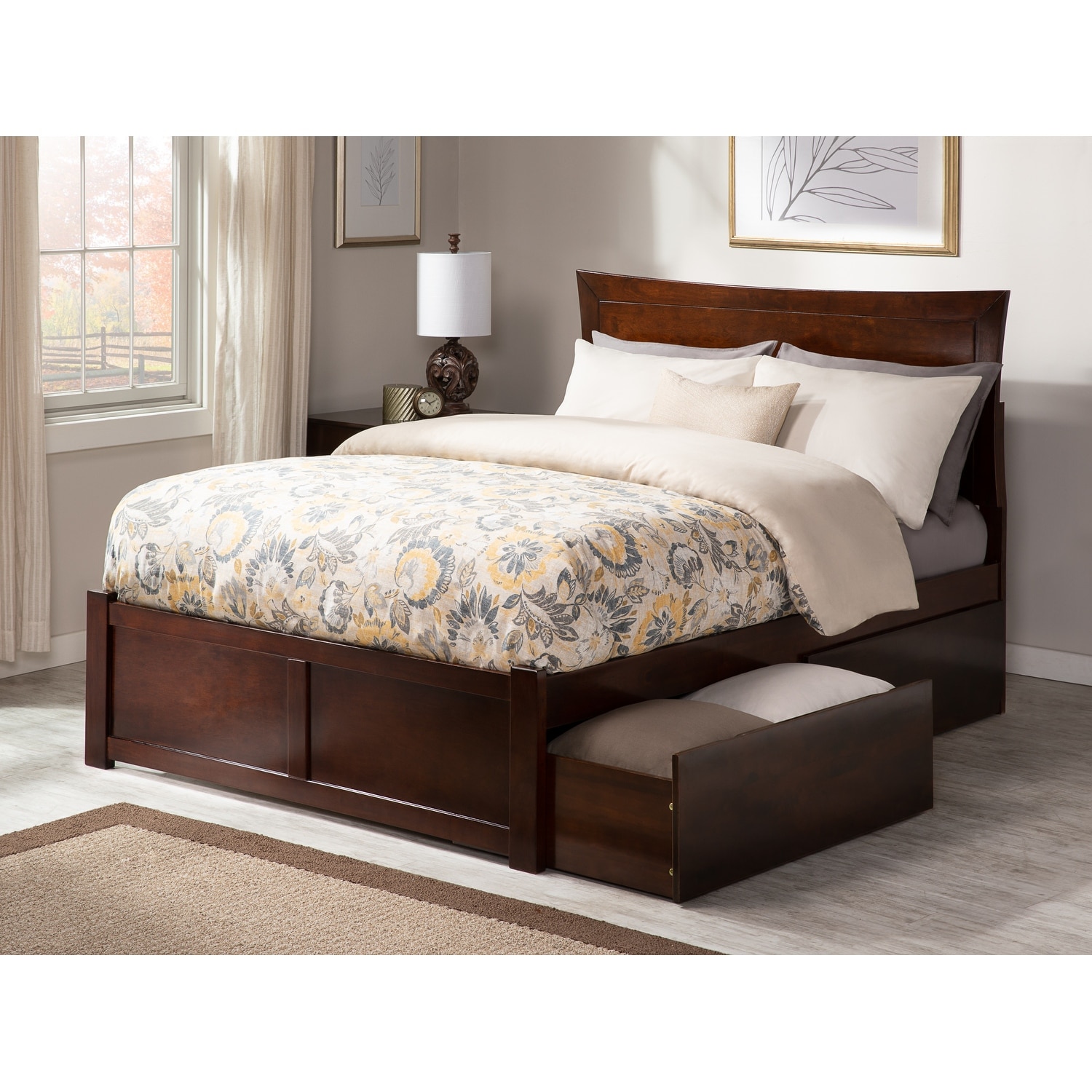 AFI Metro Queen Platform Bed with Footboard and 2 Drawers in Walnut