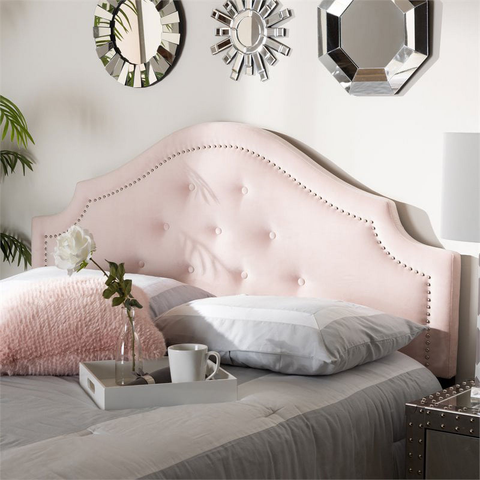 Bowery Hill Modern Velvet Tufted and Full Headboard in Light Pink