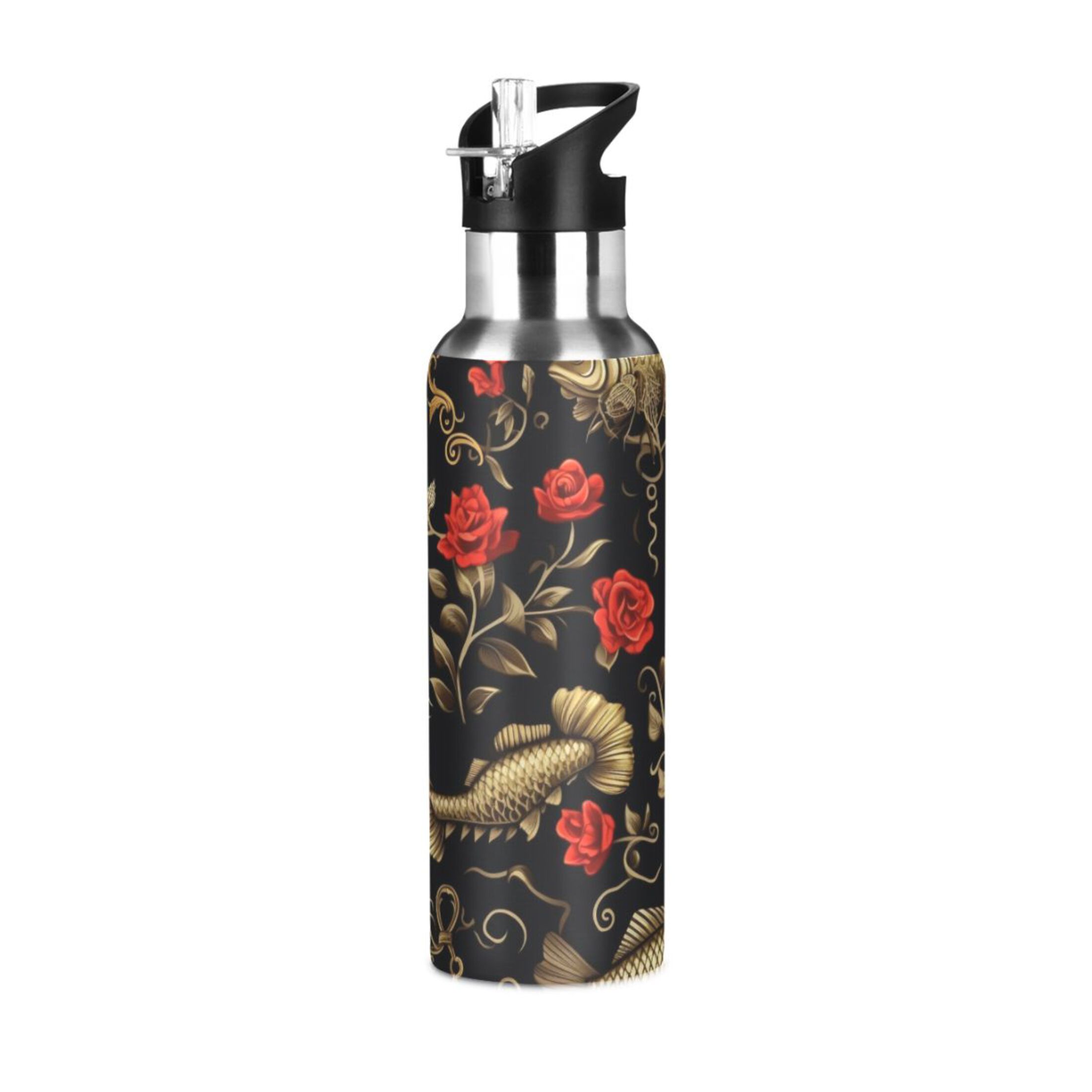 Fish Rose Flowers Retro Water Bottles Insulated Thermos Kids Stainless Steel Bottle with Straw Lid Flask Leakproof for Sports Gym 20 oz