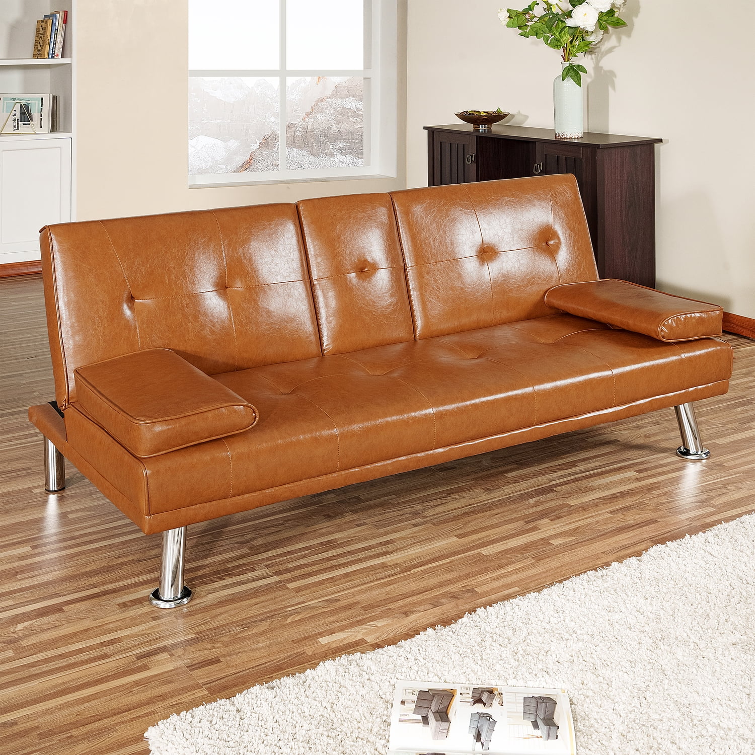 Futon Sofa with Armrest and Cupholders by Naomi Home-Color:Caramel,Fabric:Faux Leather