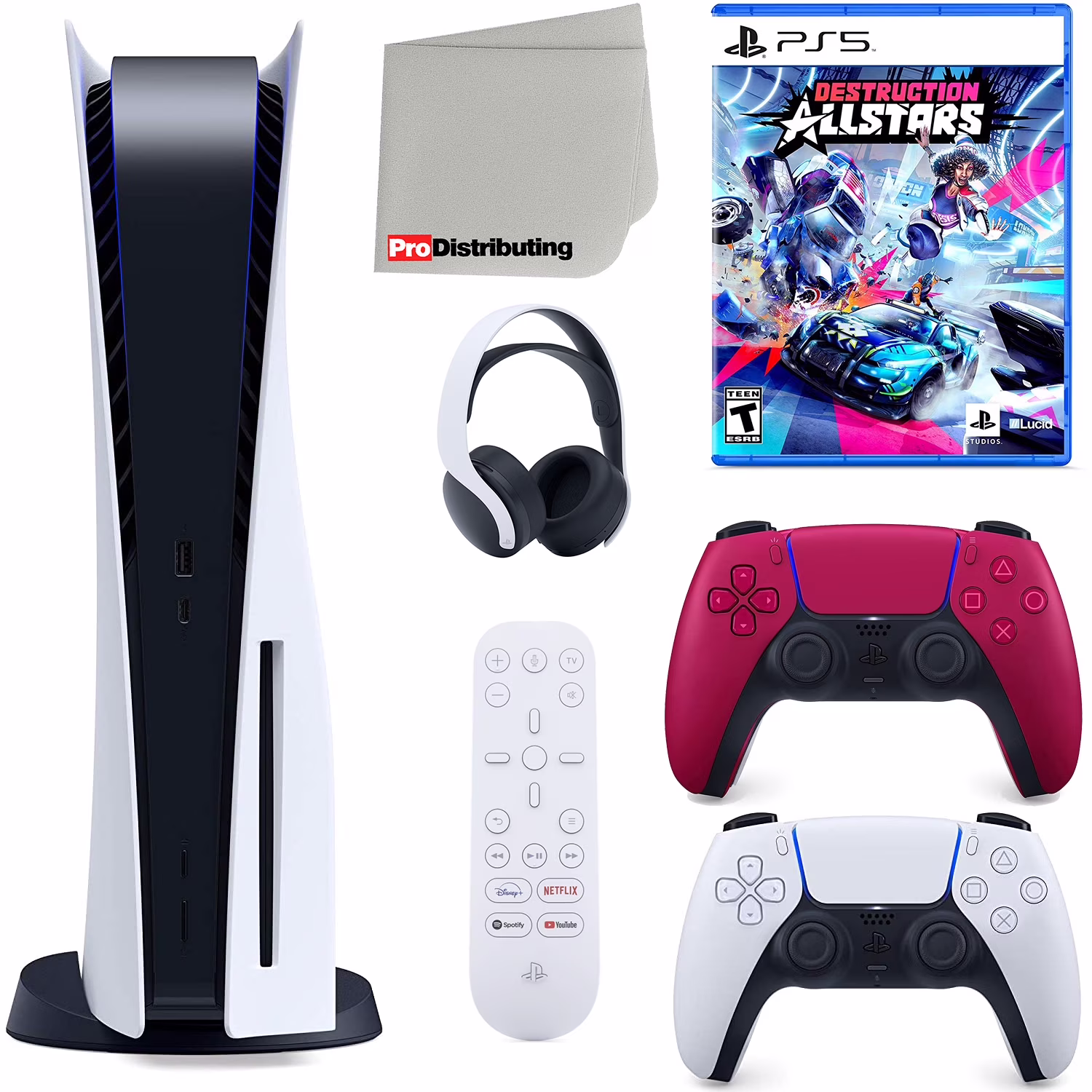Sony Playstation 5 Disc Version (Sony PS5 Disc) with Cosmic Red Extra Controller, Headset, Media Remote, Destruction Allstars and Microfiber Cleaning Cloth Bundle