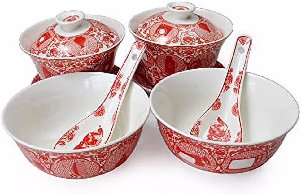 Porcelain Tableware Gift 6/Set Gaiwan Bowl Spoon Chinese Wedding Hollow Paper Cut Pattern Tea Set for Adults Men Women Couple Wedding Party Dragon phoenix