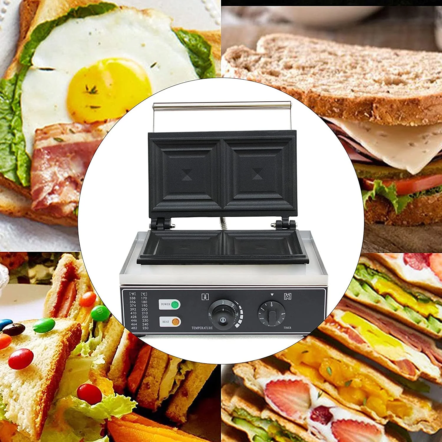 Sandwich Maker, 2-Slice Commercial Electric Sandwich Panini Machine Stainless Steel Sandwich Maker