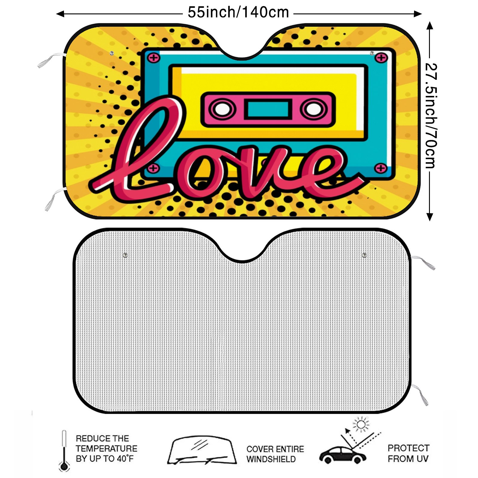Hidove Shower Curtain Set with Rugs and Hooks for Bathroom, Cassette Music with Love Lettering Pop Car Sun Visor Protector Front Window Shade, Car Sun Shade-Keeps Your Vehicle Cool -51x30inch