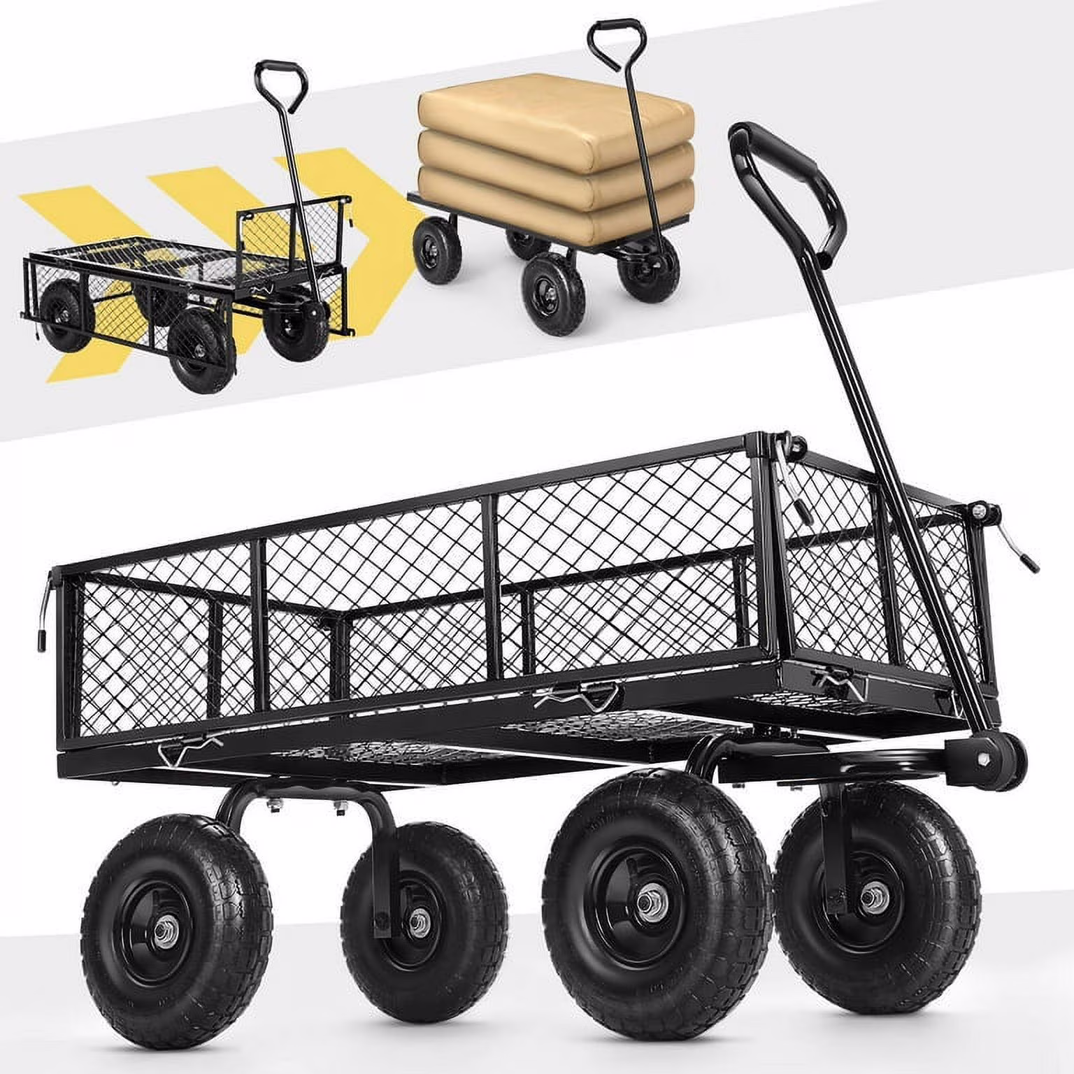 SEJOV Steel Garden Cart, Heavy Duty 660 LBS Capacity, with Removable Mesh Sides to Convert into Flatbed, Utility Metal Wagon with 180° Rotating Handle and 10
