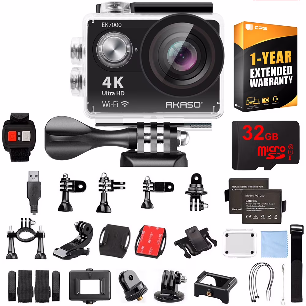 AKASO Ultra HD Waterproof Sports Action Camera (EK7000) with Sports Camera Starter Kit Black Bundle with 32GB MicroSD High-Speed Memory Card