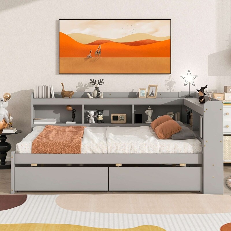 Twin/Full Bed with L-shaped Bookcases Full - Grey